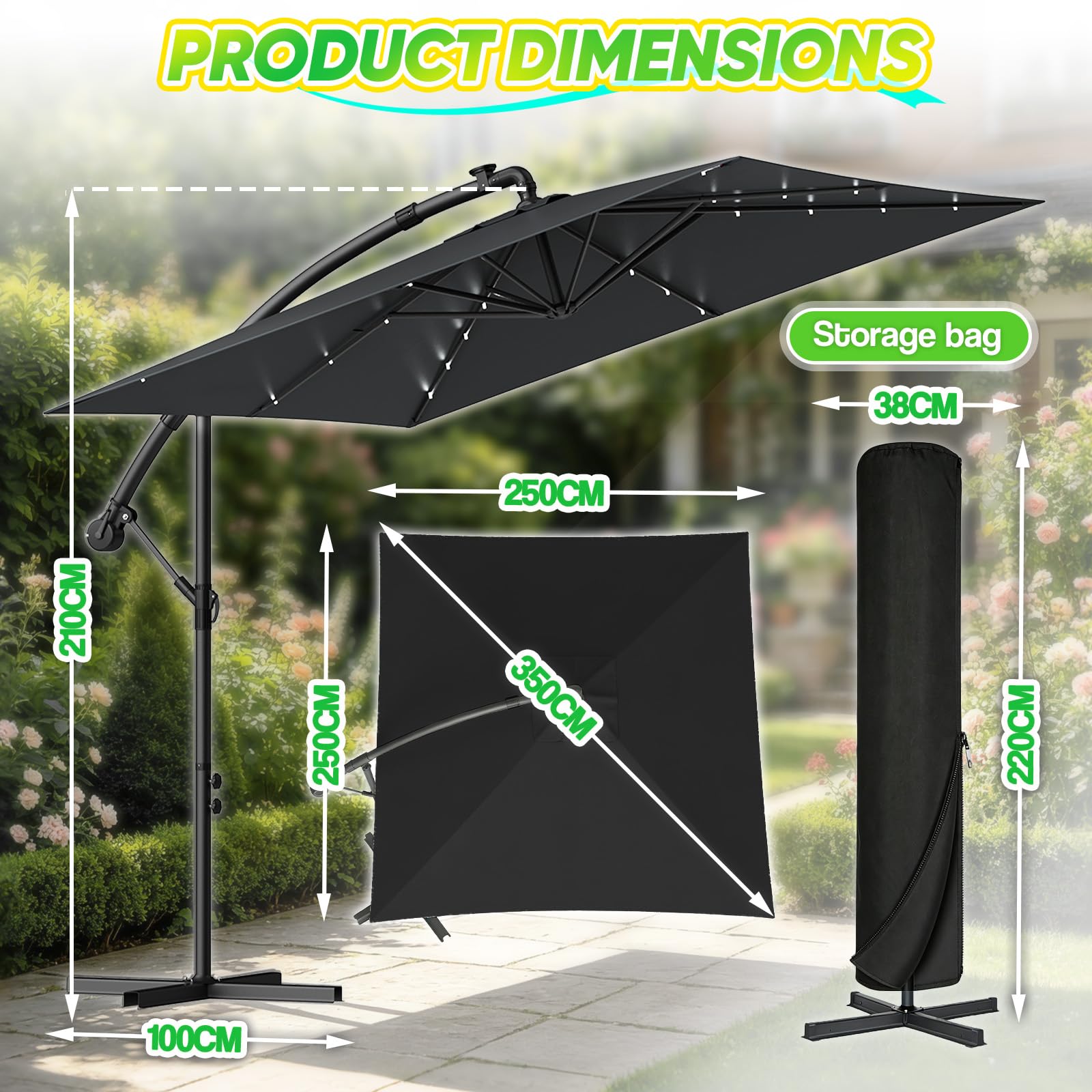 Verdego Sonnenschirm mit Ständer, Ampelschirm Rechteckig Ø350cm, Gartenschirm mit Kurbel, Schutzhülle, UV-Schutz Windfest Wasserabweisend Aluminium, Marktschirm, 360° Drehbar
