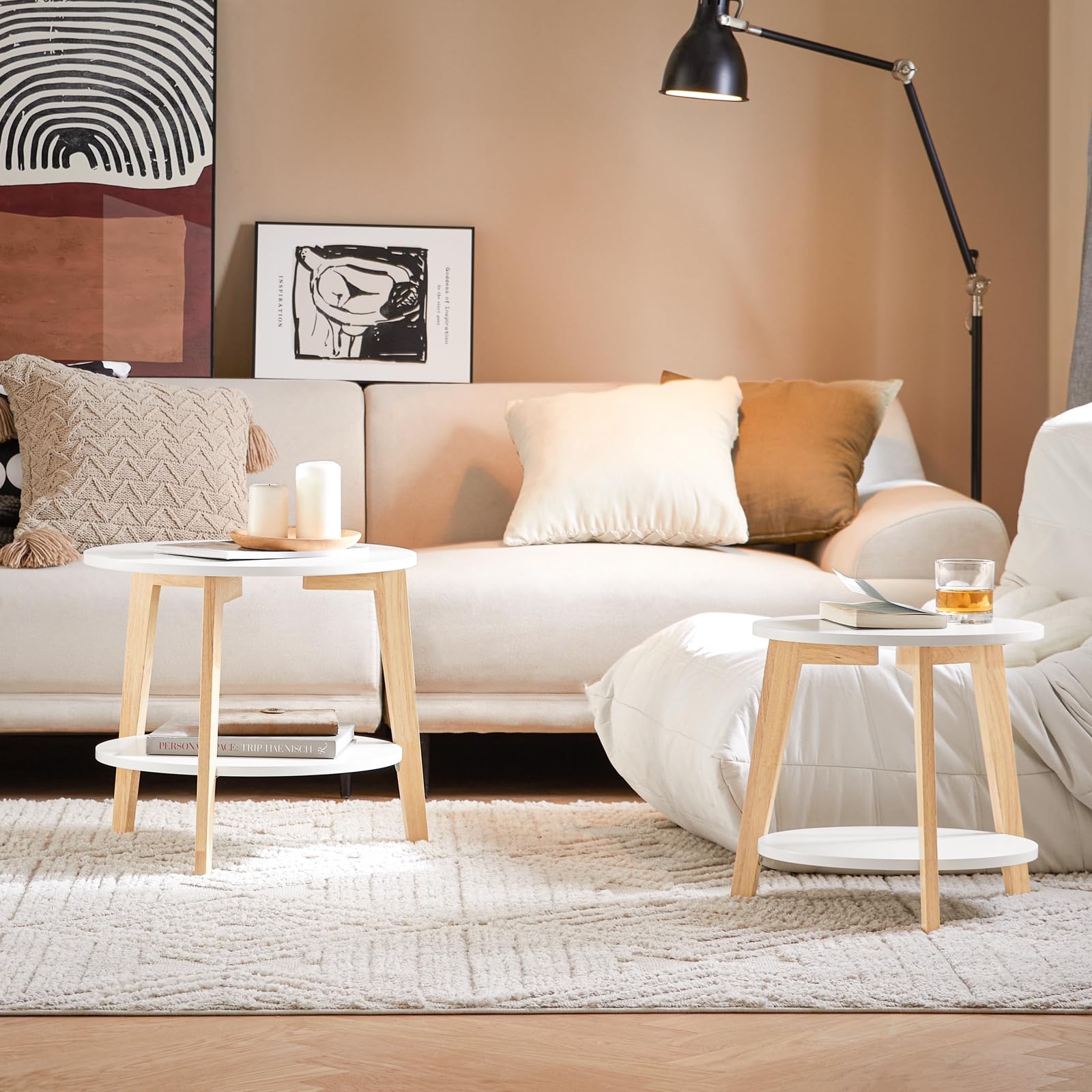 SoBuy Set di 2 Tavolino Salotto Nidificanti - Tavolini Rotondi per Soggiorno, Grande 50cm e Piccolo 40cm, Bianco, FBT75-W