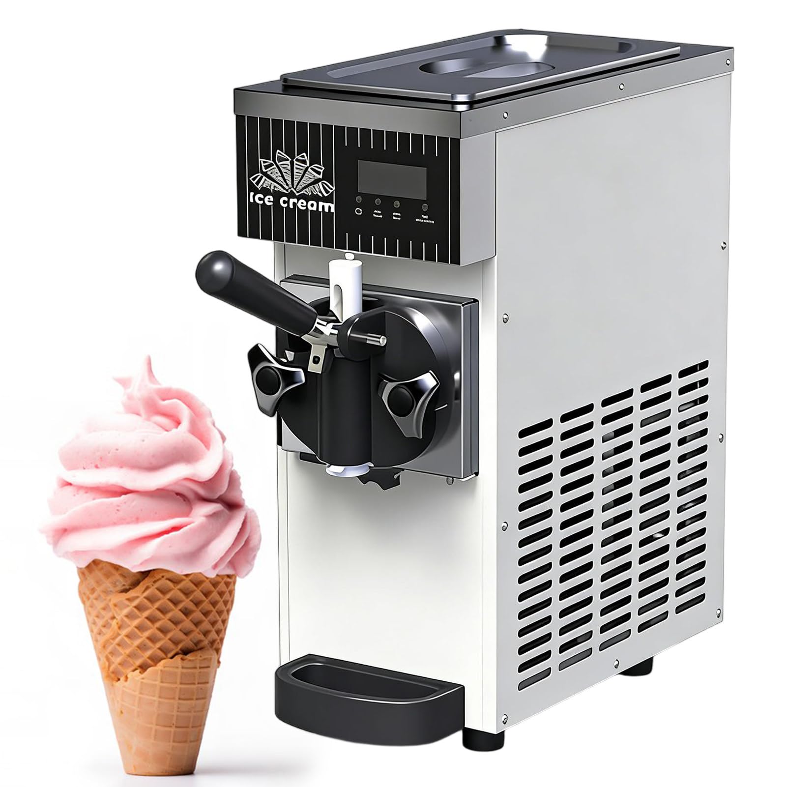 ROGHA Single Flavor Commercial Ice Cream Machine, Commercial Soft Serve Ice Cream Maker, LCD Panel Auto Clean Pre-Cooling, Countertop Dessert Maker for Restaurants and Shops​ White