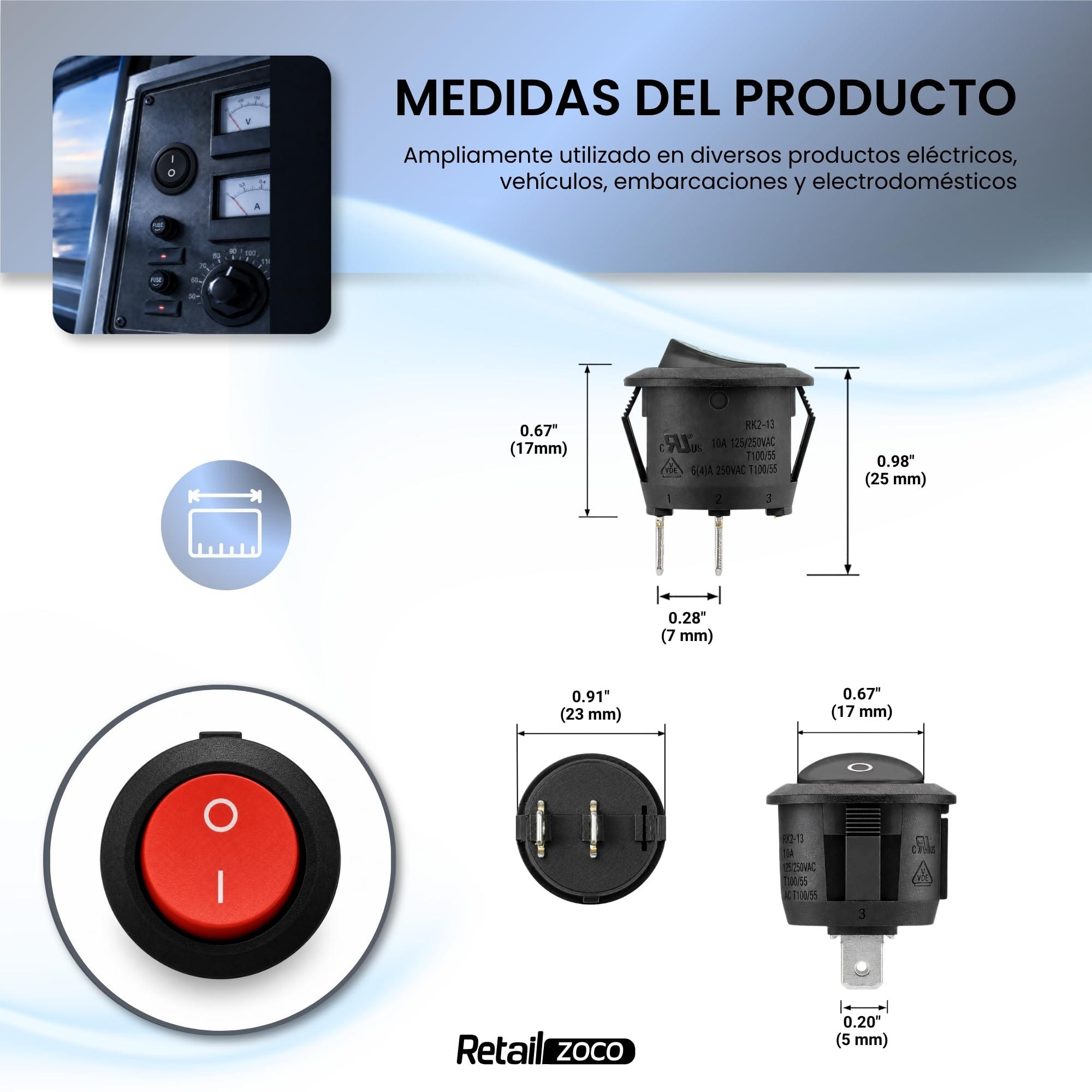 Interruptor Redondo Basculante SPST ON/OFF 2 pin, 1 Unidad - imagen 4