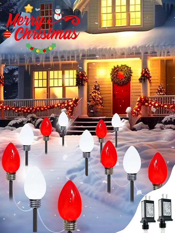 12 Pack Large C9 Christmas Decorations Outdoor, Waterproof C9 Christmas Lights Plug in with 2 Modes and Timer, Pathway Light for Party Indoor Yard Patio Walkway Garden Xmas Decoration (Red and White) by EXF - Used condition - US$8.19