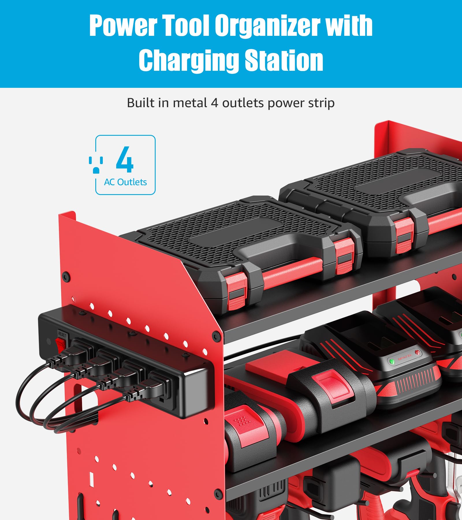 CCCEI Lot de 1 station de charge modulaire pour outils électriques - Support mural pour perceuses et batteries - Organisation de garage, magasin, anniversaire, cadeaux pour homme, père, rouge