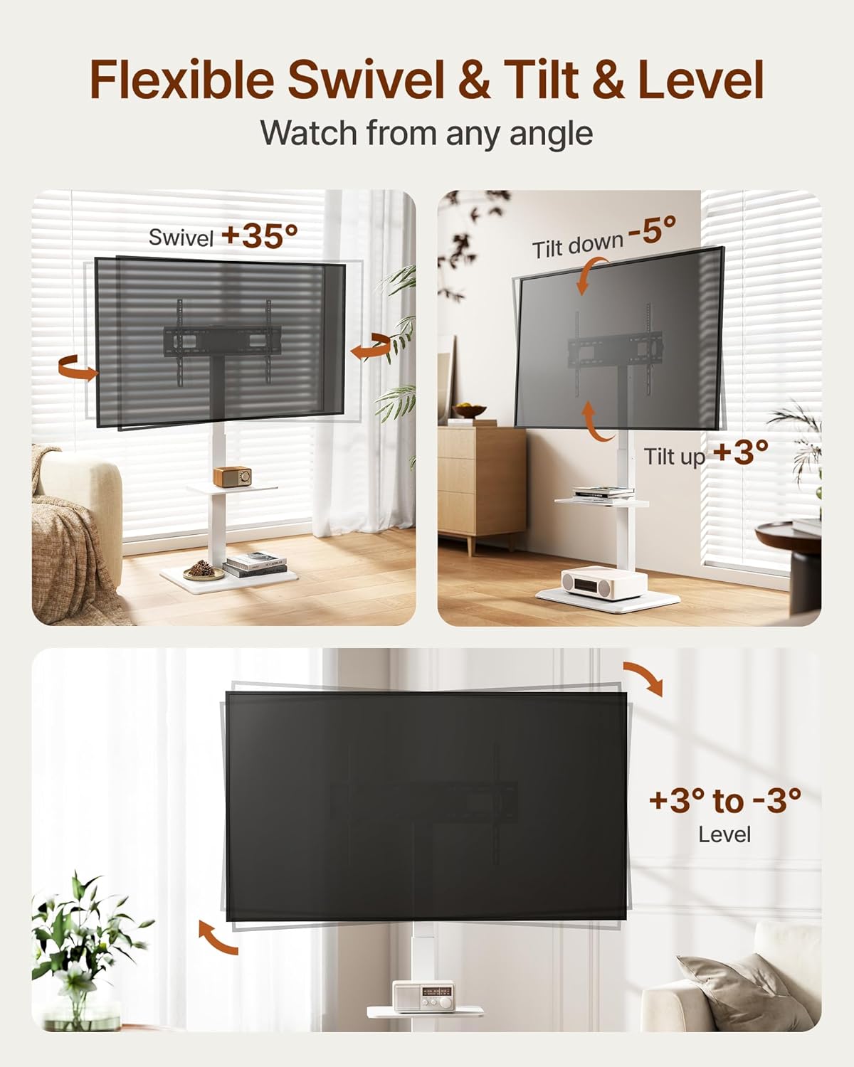 Steel Base Floor TV Stand with Power Outlet for 32-75 inch TVs up to 110 lbs, Leveling & Tilt & Swivel TV Stand with Hidden Wire Management, Height Adjustable TV Stand with Steel Shelf, White