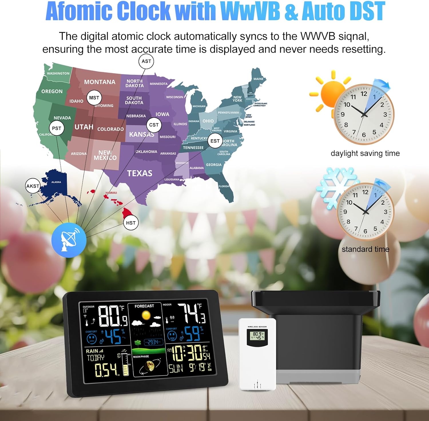 Weather Station with Rain Gauge Outdoor, Home Weather Stations Wireless Indoor Outdoor with Digital Rain Gauges, Thermometer, Barometer, Hygrometer, Atomic Clock, Weather Forecast, with 3 Sensor