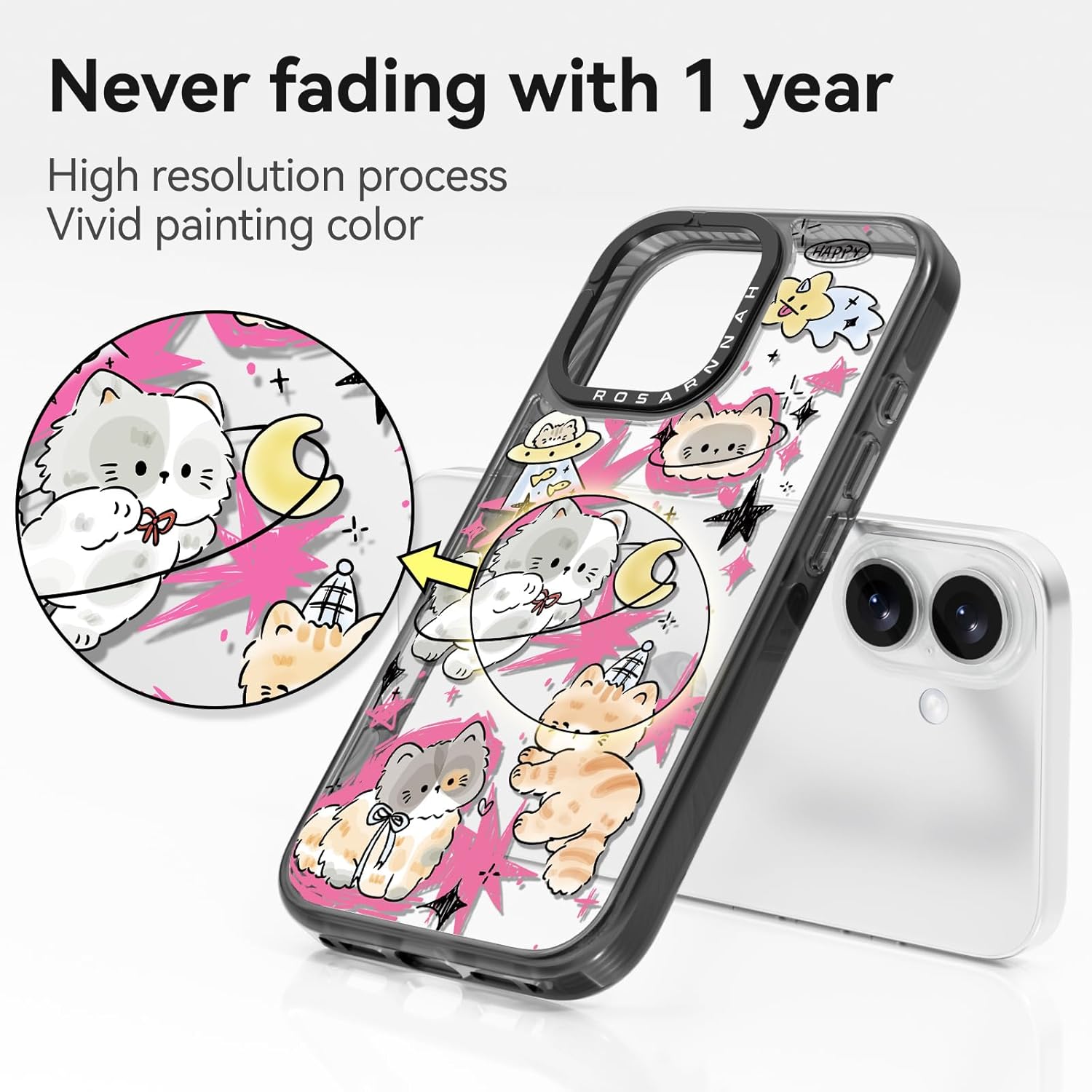 Compatible for iPhone 16 Case Cute - Durable Shockproof 6.6 ft Drop Impact Phone Case - Black Funny Space Kitty Design for iPhone 16 6.1" - Image 4