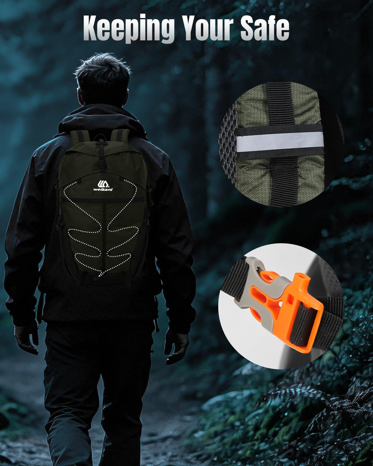 Zaino da trekking impermeabile da 25 l, con cinghia toracica, per uomo e donna, leggero, traspirante, imbottito, da viaggio, escursionismo, Verde scuro, L