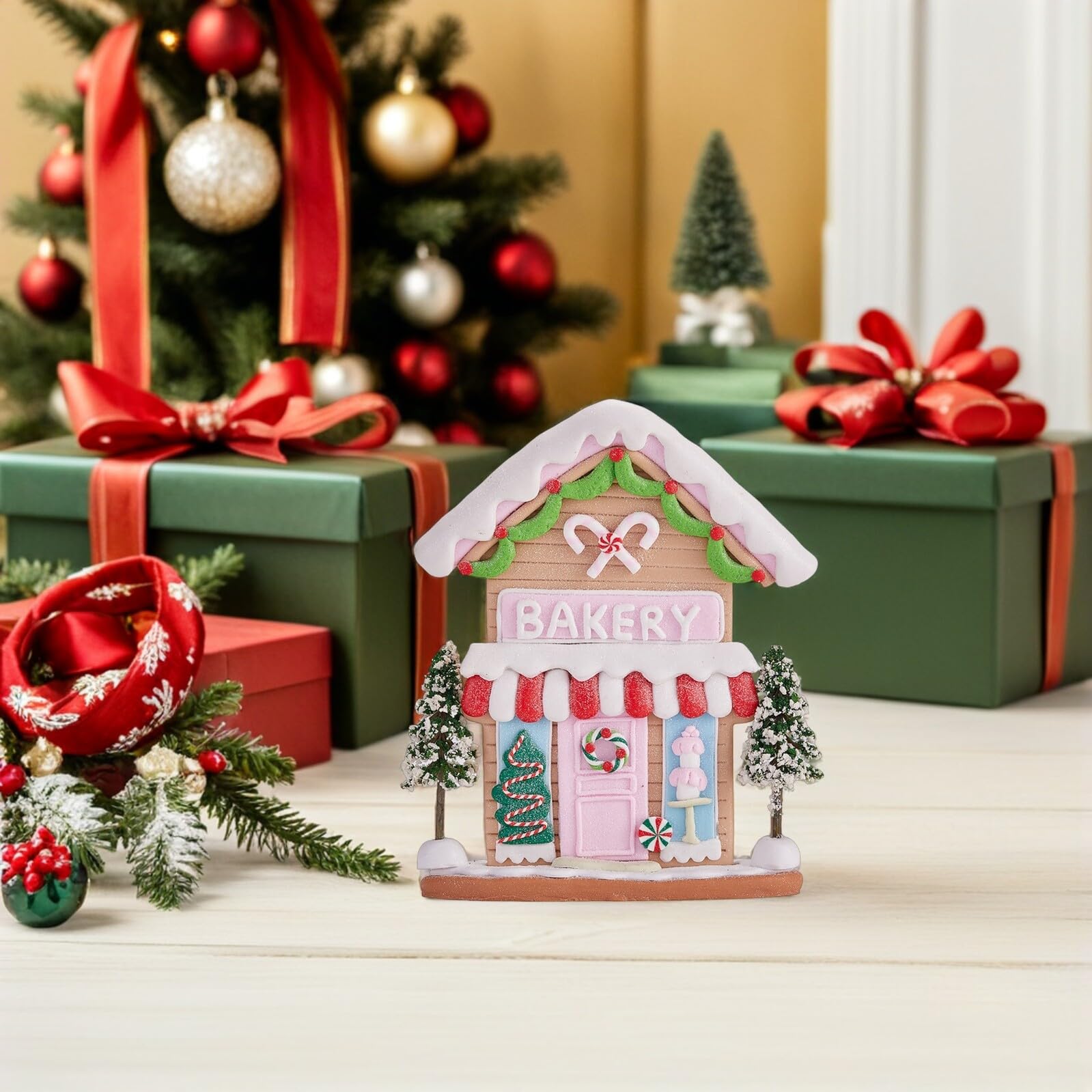 DECHOUS Casa de Jengibre Navideña de Arcilla Polimérica Decoración de Mesa de Invierno Casita con Nieve Pintada a Mano Adorno Artístico para Escritorio y Pueblo Navideño Figura Única