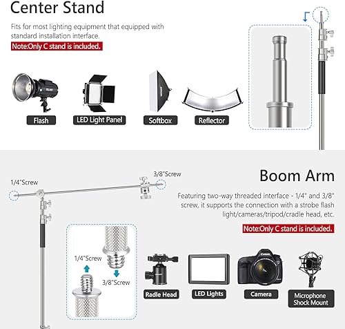 Miniatura 5 de NEEWER Soporte de luz Pro 100% metal C con ruedas, altura máxima 10.8 pies/129.9 in soporte reflector ajustable con brazo de pluma de 4 pies/47.2 in