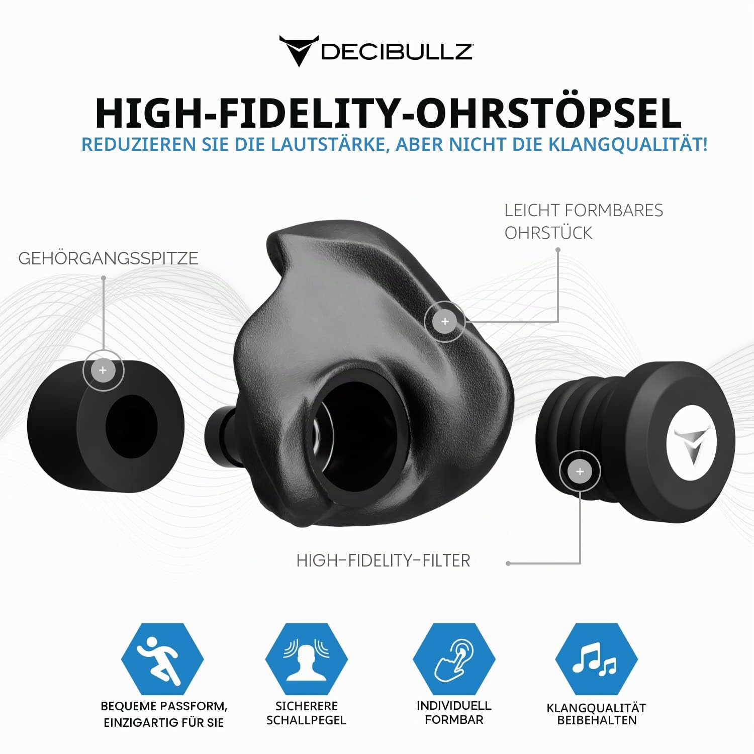 Decibullz – Custom Moulded High-Fidelity (Hi-Fi) Ohrstöpsel Filter für Konzerte und Veranstaltungen (Schwarz)