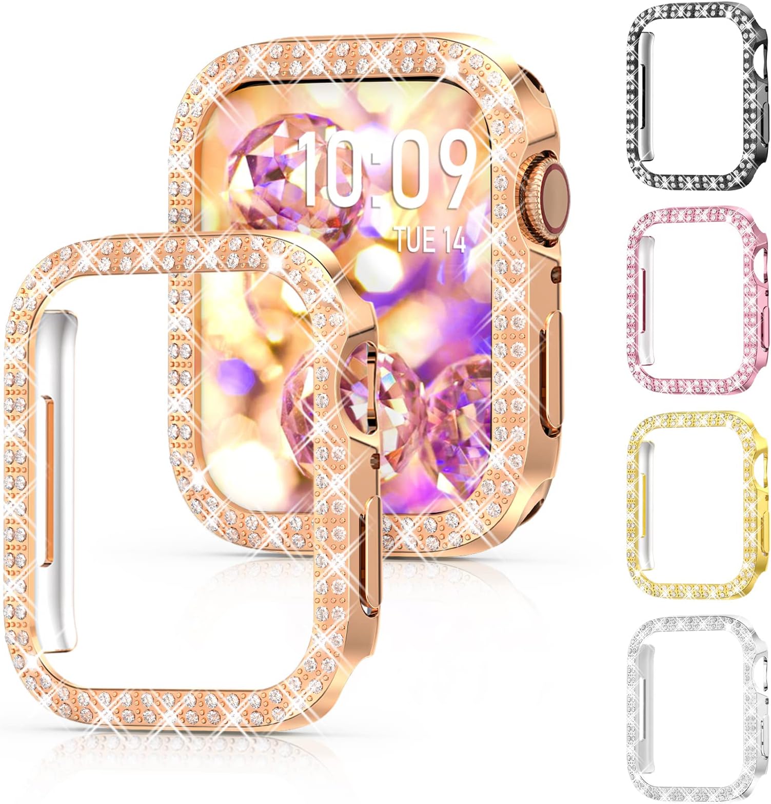 5Pack Protector Case Compatible with Apple Watch Series 8 & 7 41mm Cover, Double Row Bling Crystal Diamonds Protective Cover PC Plated Bumper Frame Accessories (5 Colors, 41mm)