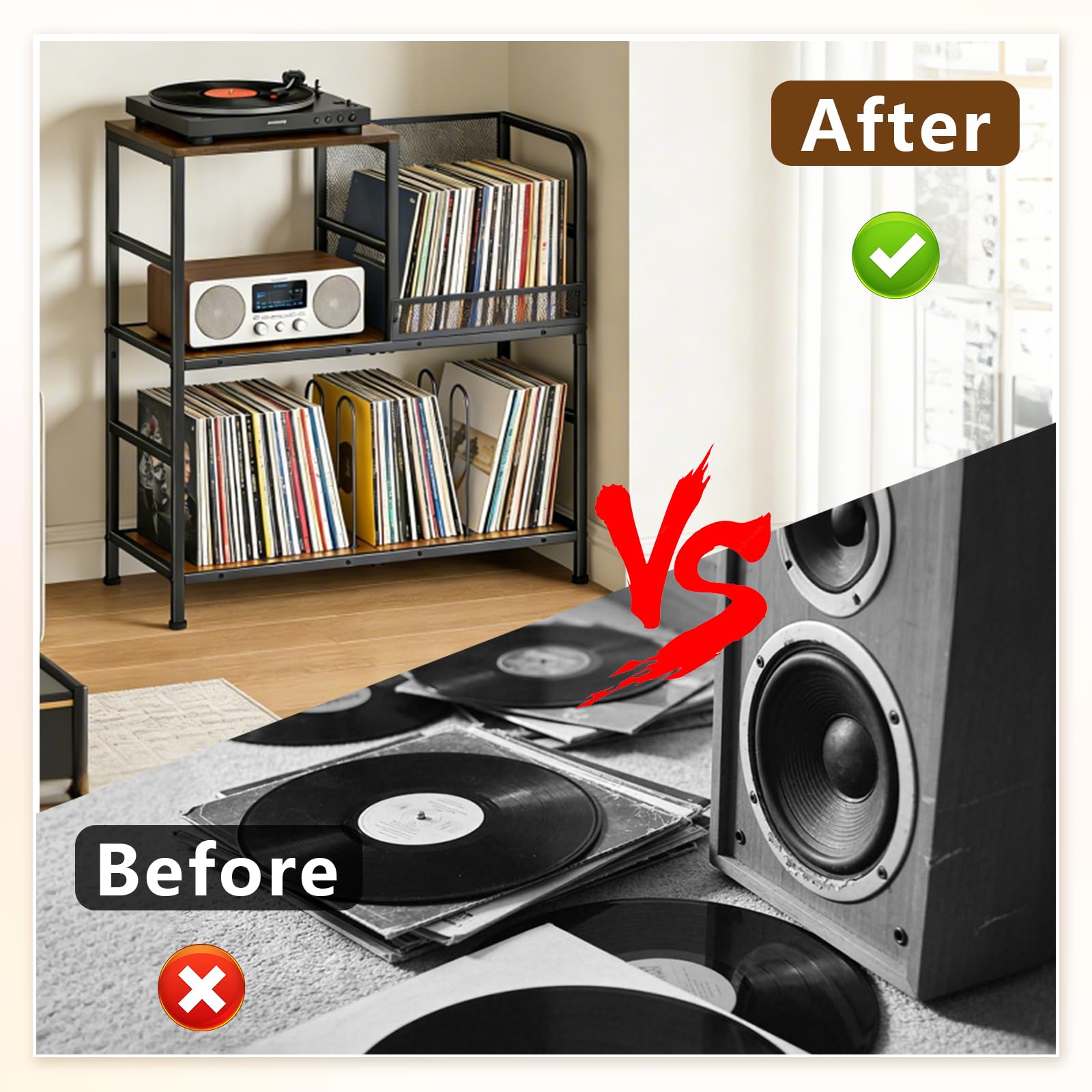 Support de tourne-disque à 3 niveaux - Peut contenir jusqu'à 150 albums - 72,9 x 76,7 x 30 cm - Rustique - Pour salon, chambre à coucher et magazines