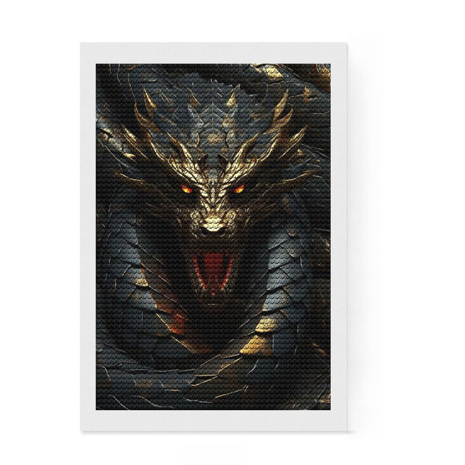 Junmoney Black and Gold Dragon Diamond Painting Kit 8"x12", Decorate Your Room, Neat Printed Canvas, Adhesive Canvas, Bedroom Decor