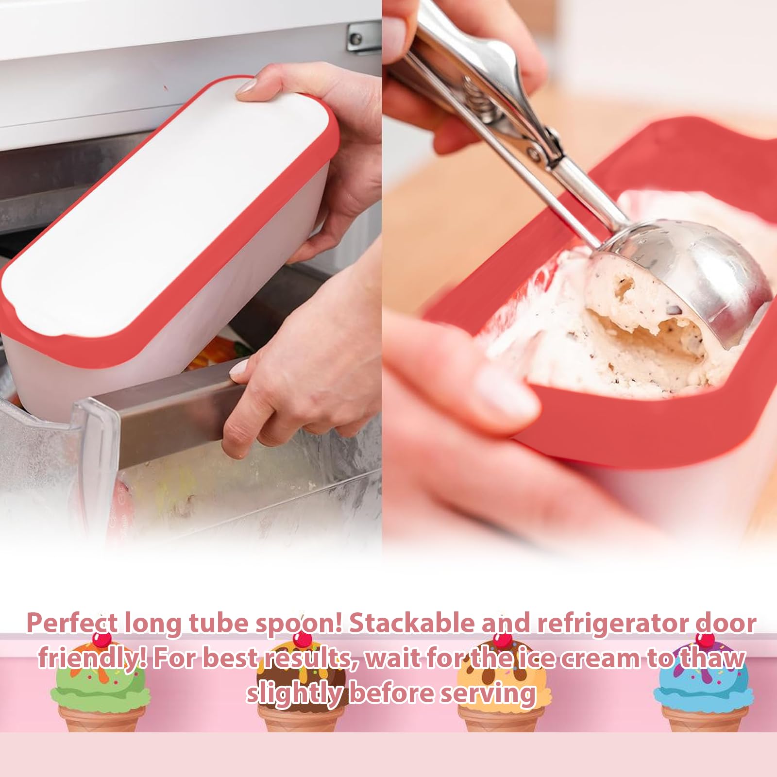 2 Stück Eisbehälter für Speiseeis 1.5L, Aufbewahrungsbehälter für Speiseeis, PP-Material Gefrierdosen 28 * 10 * 9.5cm, Wiederverwendbare Eis-Container mit Deckel (Pink)