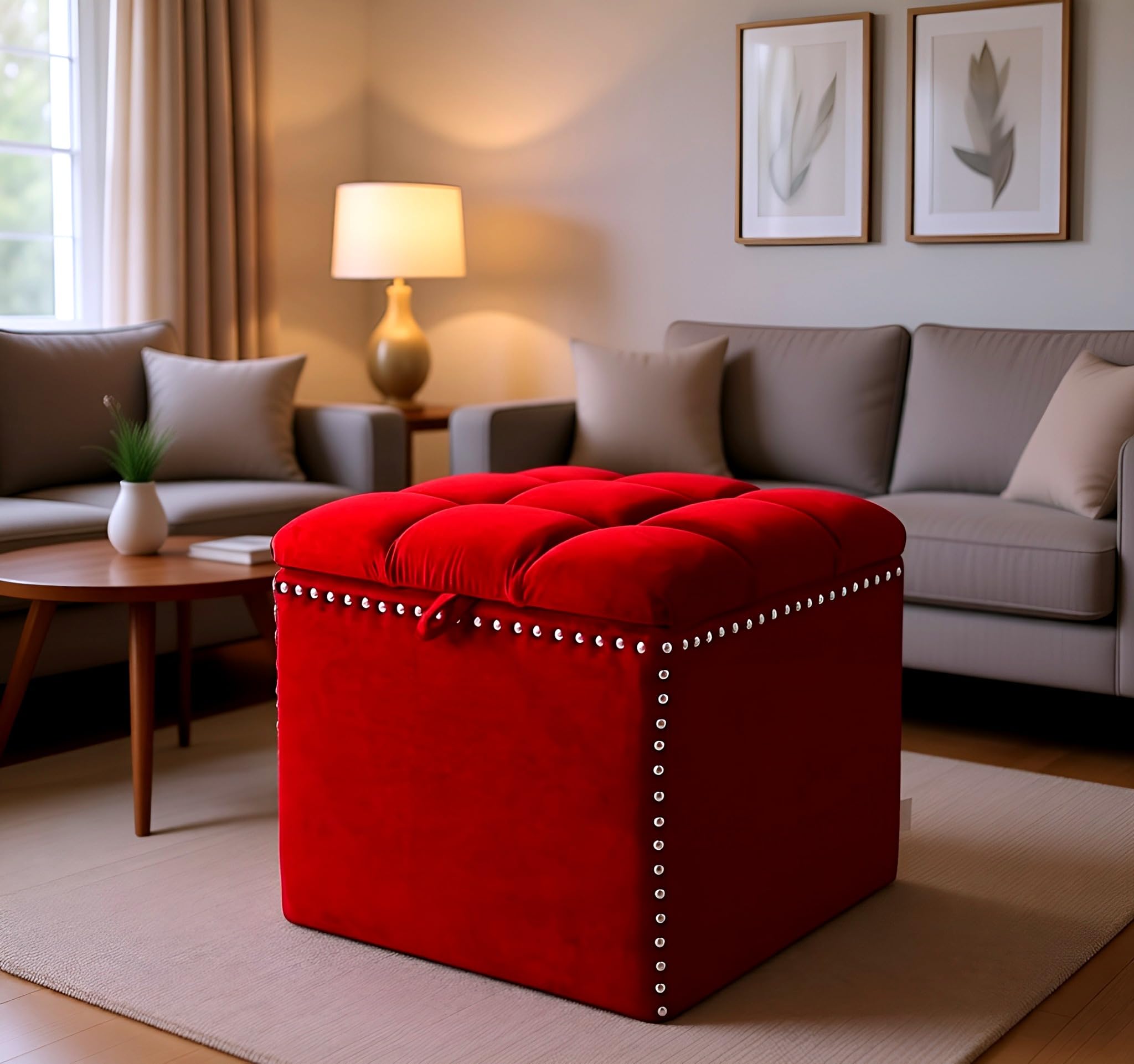 CREATIVE SKILLS Small Ottoman Storage Box Linen Foot Stool Footstool with Lid for Livingroom Bedroom, RED [ Pack of 1]
