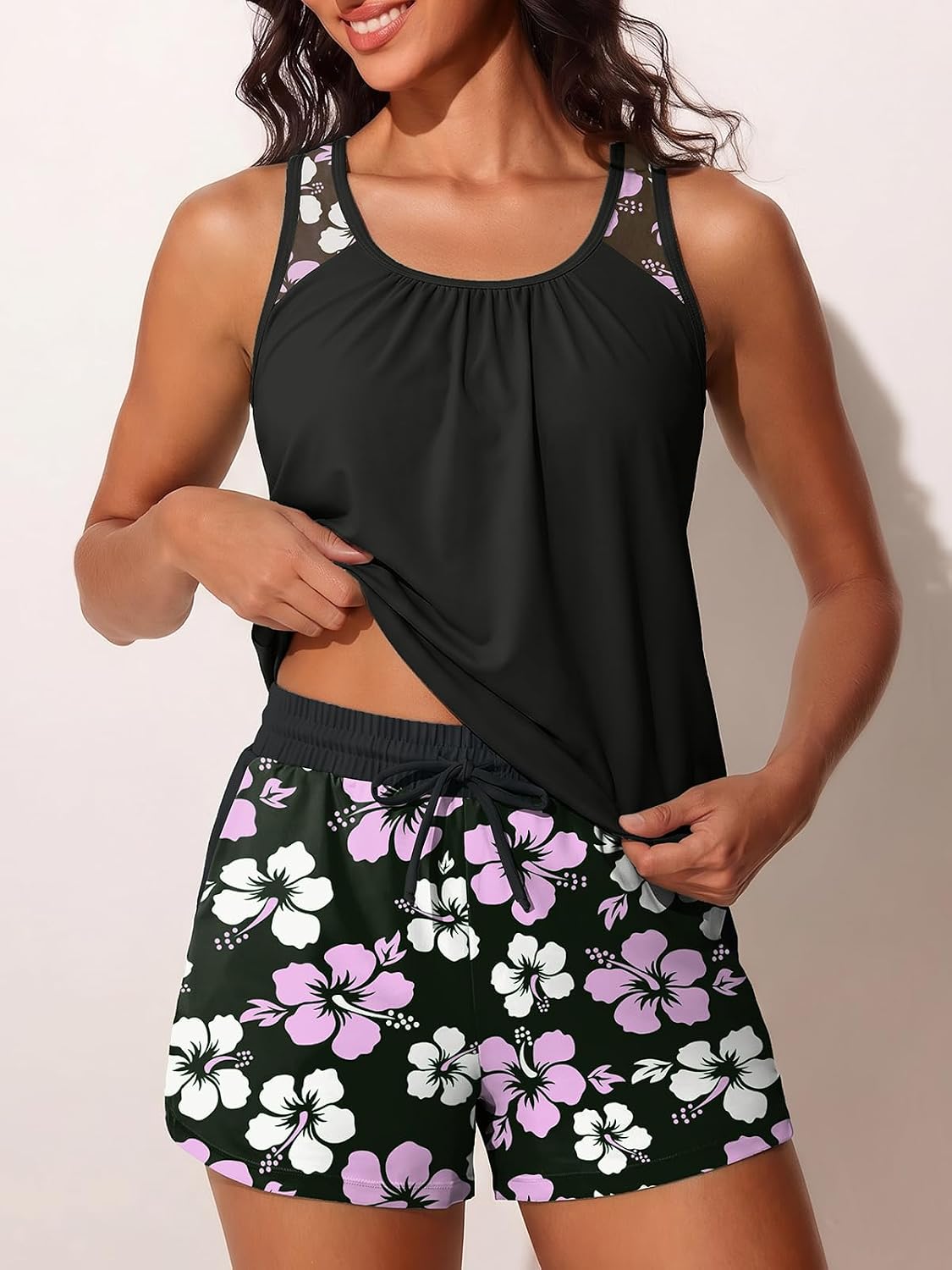 Modest Tankini Swimsuits for Women with Shorts Tummy Control Bathing Suit Mesh Racerback 2026 Swimwear Pockets