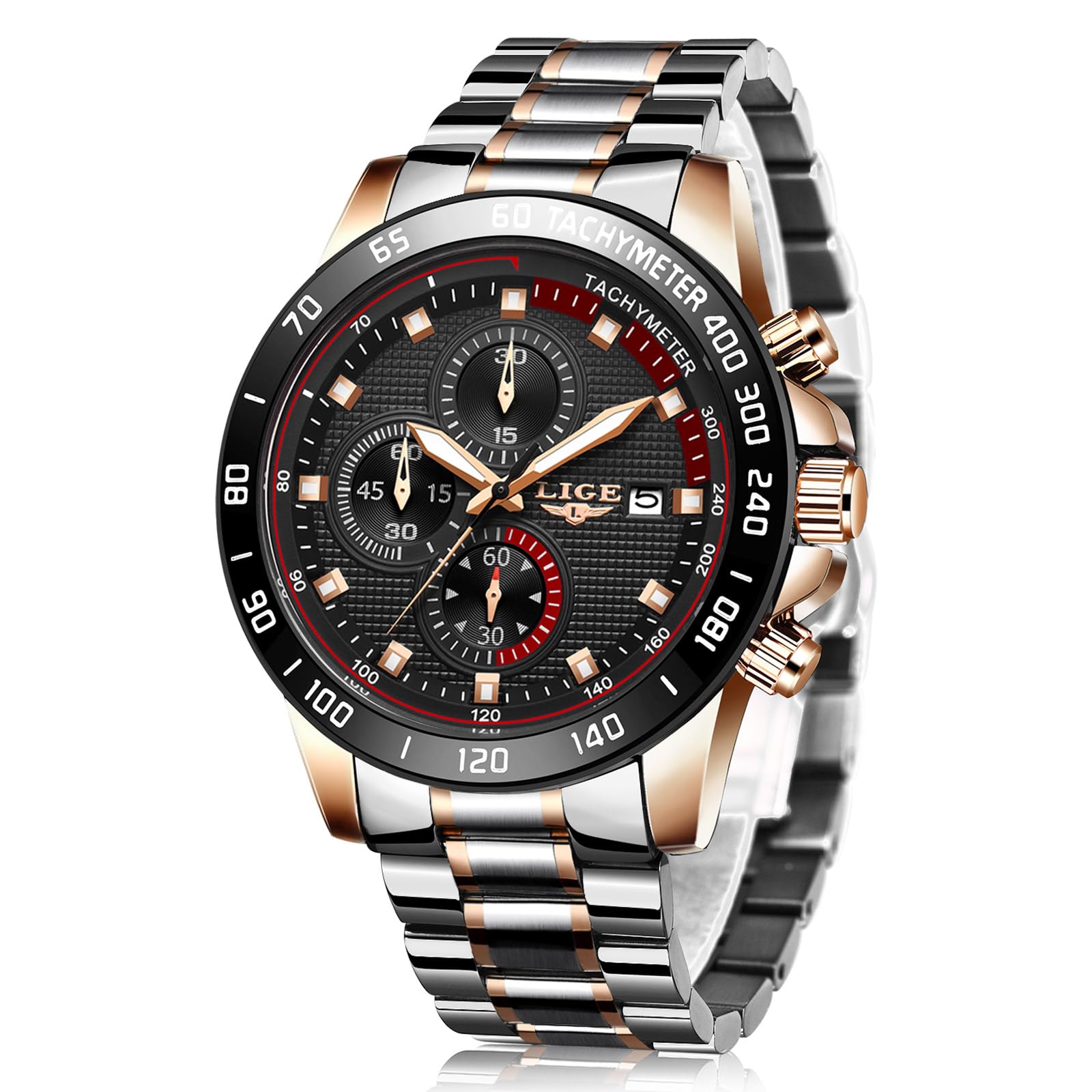 LIGE Orologio Uomo Acciaio Inossidabile Impermeabile Sportivo Analogico al Quarzo Orologi Cronografo Fase Lunare Data Calendario Attività Commerciale Casuale Orologio da Polso Nero…
