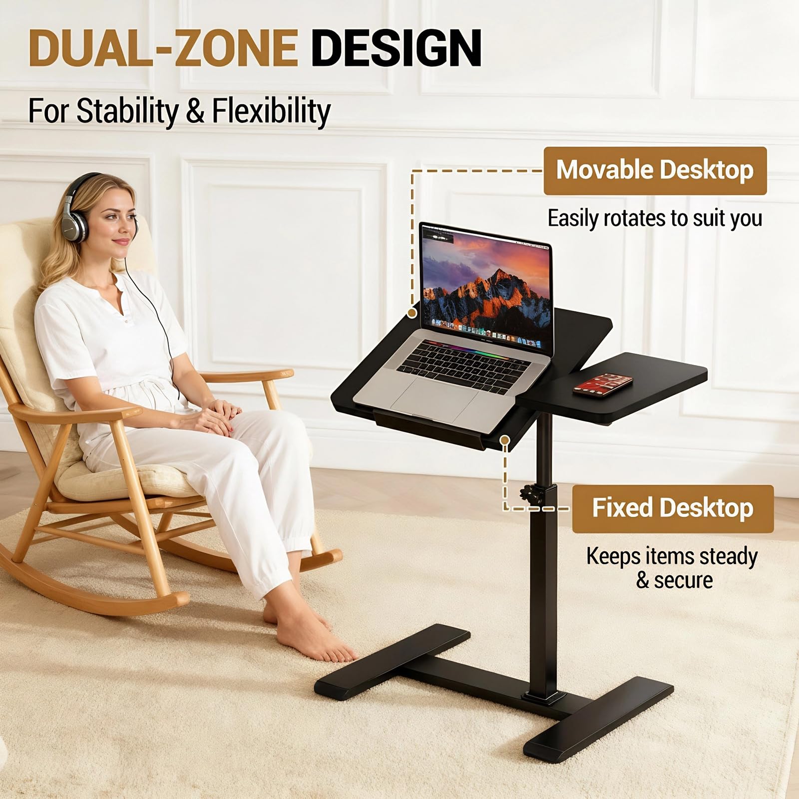 GarveeHome Overbed Bedside Table Adjustable with Wheels, Mobile Standing Stand Up Rolling Laptop PC Desks with Tilting Top Height Tray Side Computer Workstation for Bedroom on Hospital Home Use Black