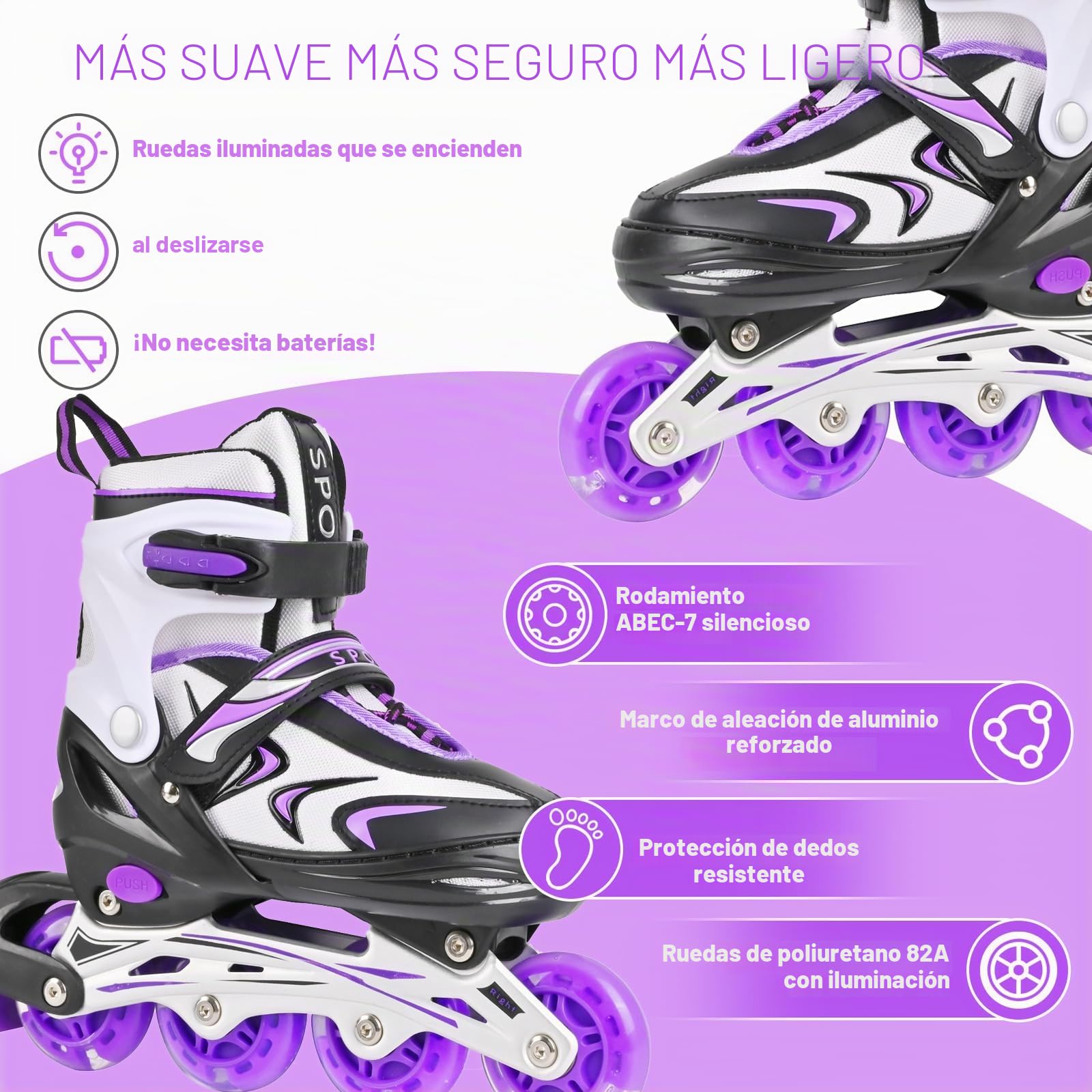 Patines en línea Ajustables para niños y niñas, Patines en línea para niños, Patines en línea para niñas y niños para Uso en Interiores y Exteriores (Negro y Morado, M)
