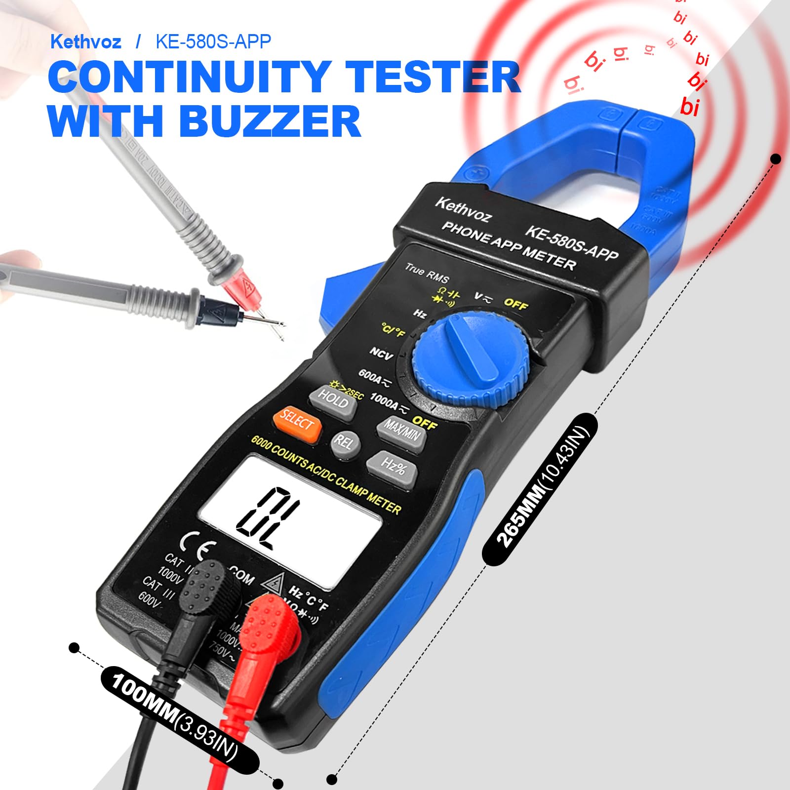 Bluetooth Pinza Amperometrica 1000A CC/AC, Kethvoz Multimetro Professionale Misura AC/DC Elettrica Corrente Tensione Resistenza Capacità, 6000 Conteggi Auto-range Voltmetro Digitale KE-580SAPP