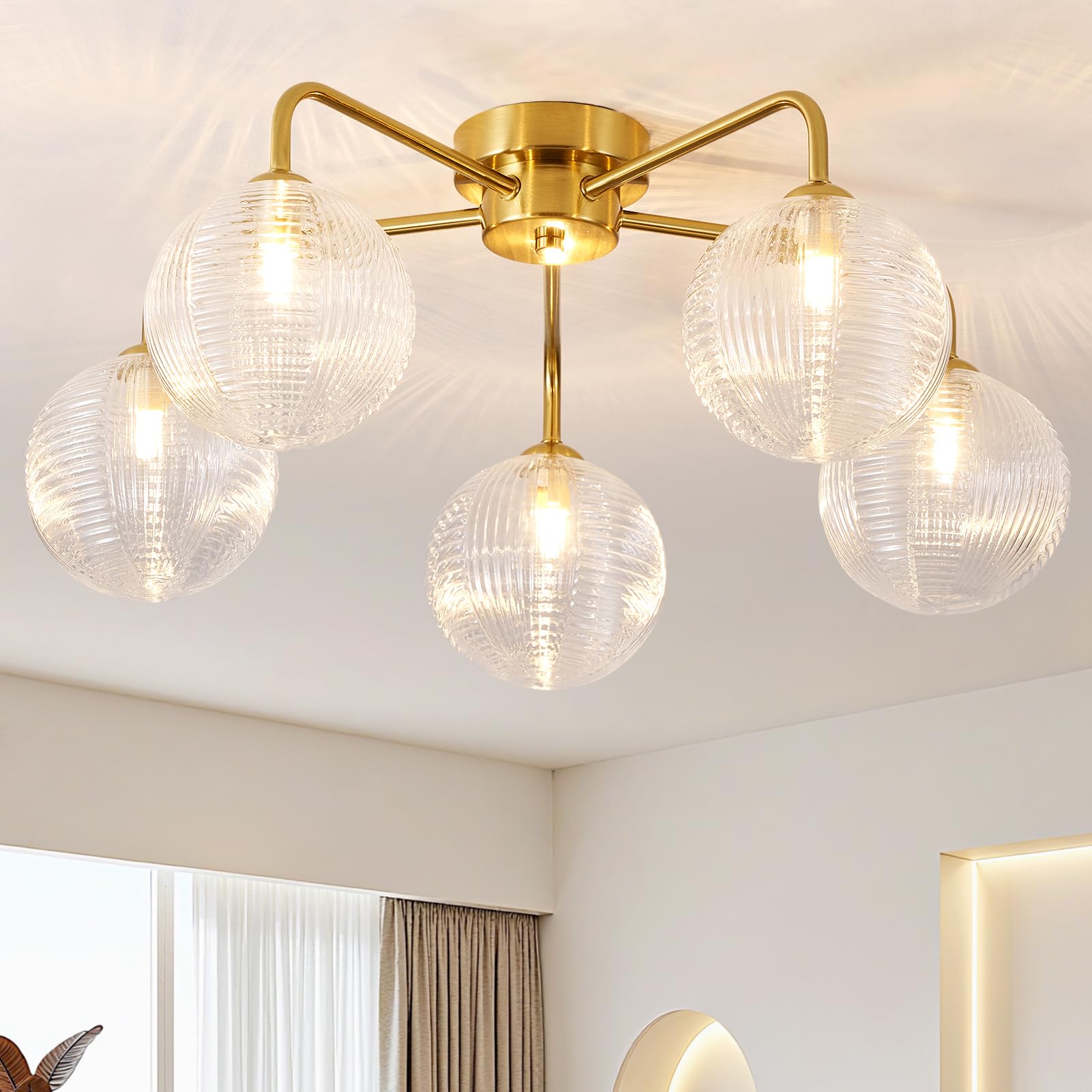 HARPER LIVING 5-Light Modern Ceiling Light, Chandeliers Brass Finish with Textured Glass Shades, 5xG9 Bulb Base, 56cm Flush Ceiling Lamps for Living Room Bedroom Kitchen Dining Room