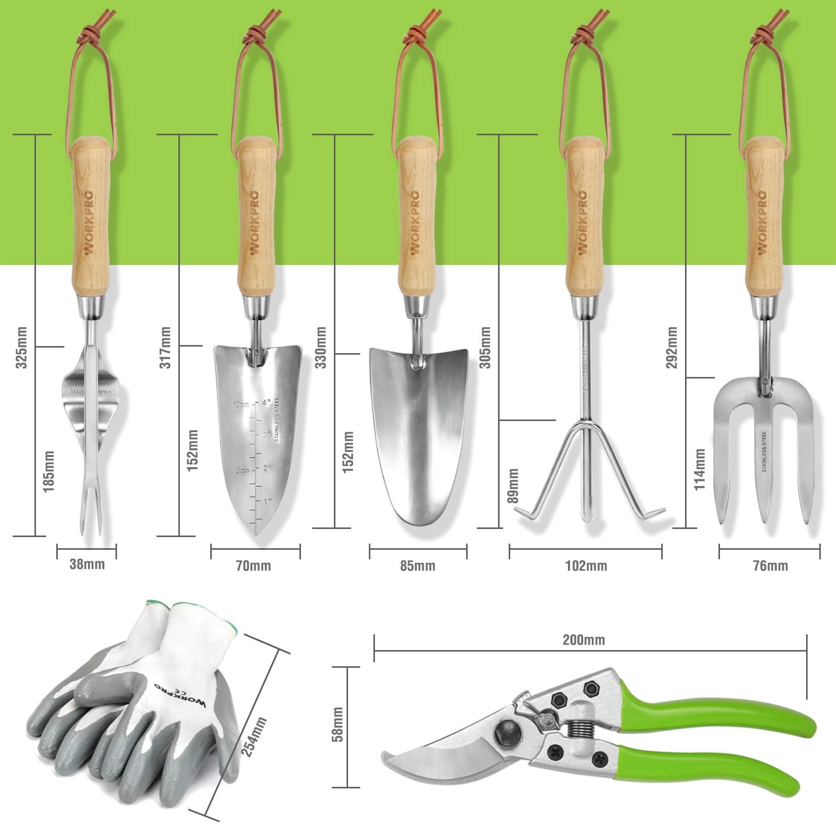 WORKPRO 8 Piece Gardening Tools Set, Garden Tool Set, Stainless Steel Hand Tools with Wooden Handle, Including Gloves, Trowel, Weeder, Hand fork, Hand Rake, Transplanter, Pruner and Garden Tote