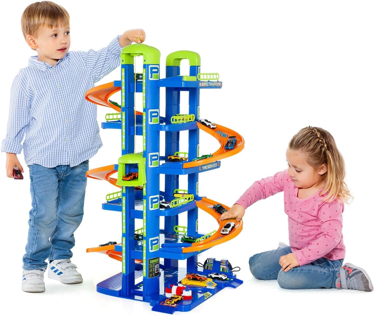 MOLTO | 6 piante parcheggi per bambini con garage, rampe, lavanderia, ascensore, stazione di benzina e area unta | Include 10 auto | Giocattoli educativi per bambini | + 3 anni