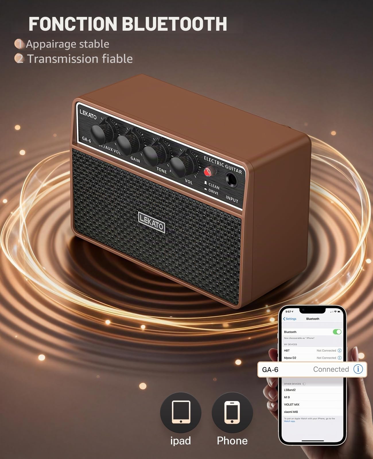 LEKATO Mini amplificateur de guitare électrique rechargeable 10 W avec effets Clean/Overdriver, Bluetooth 5.0, amplificateur de guitare d'entraînement portable pour exercices à domicile et fête