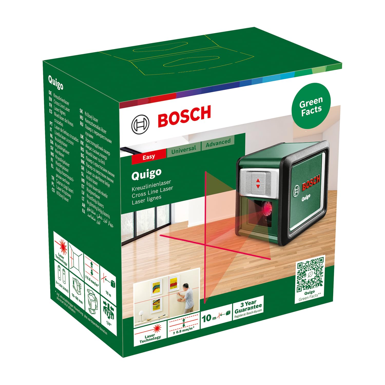 Bosch livella laser a croce Quigo con morsetto snodabile MM 2 (allineamento facile e preciso con posizionamento versatile, in cartone)