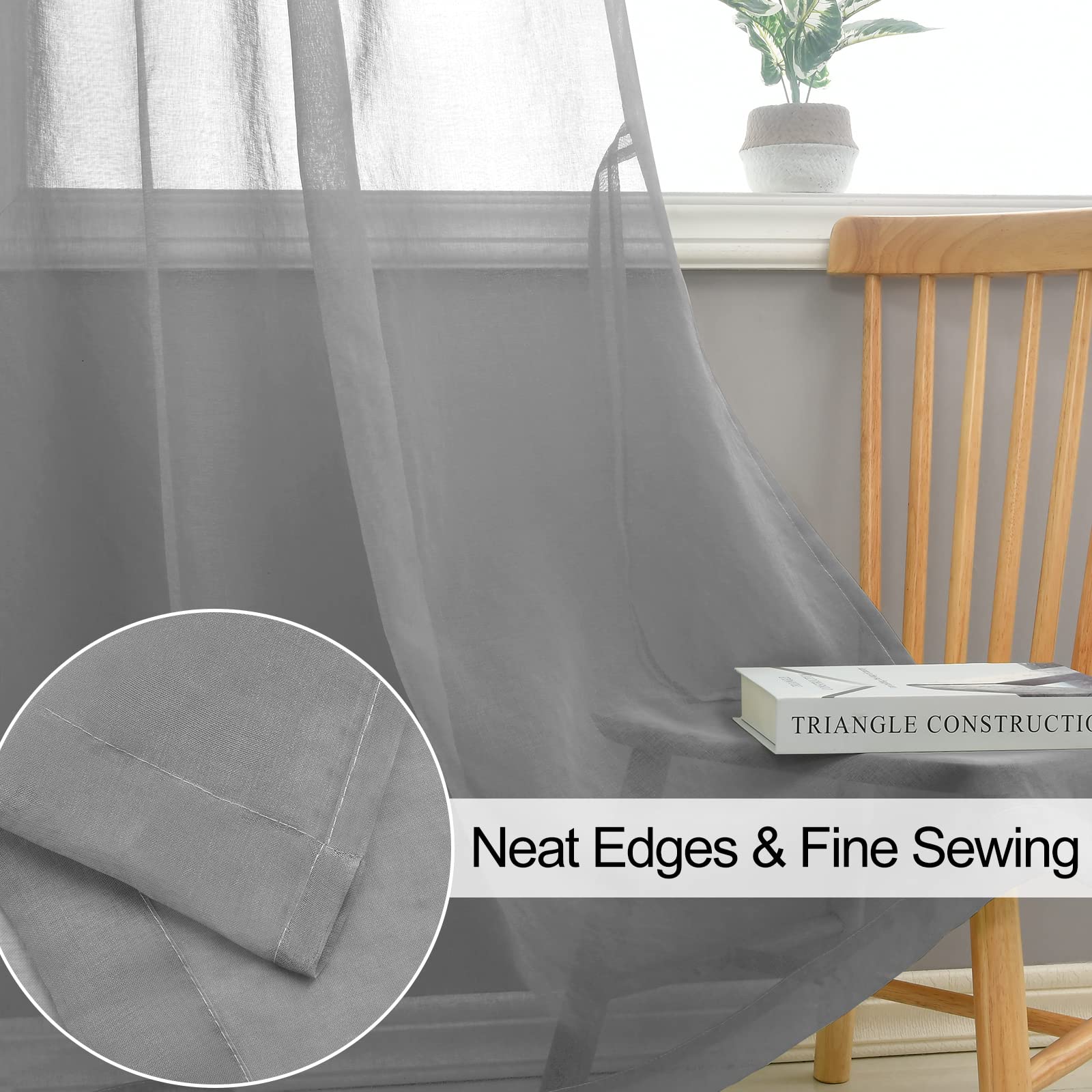 XWZO Sheer Curtains 2 Panels Linen Look Voile Curtains Semi Transparent Grommet Tieback Window Curtains for Bedroom,Light Filtering,Airy & Breathable Voile Drapes,Gray,W55*L90 - Image 4