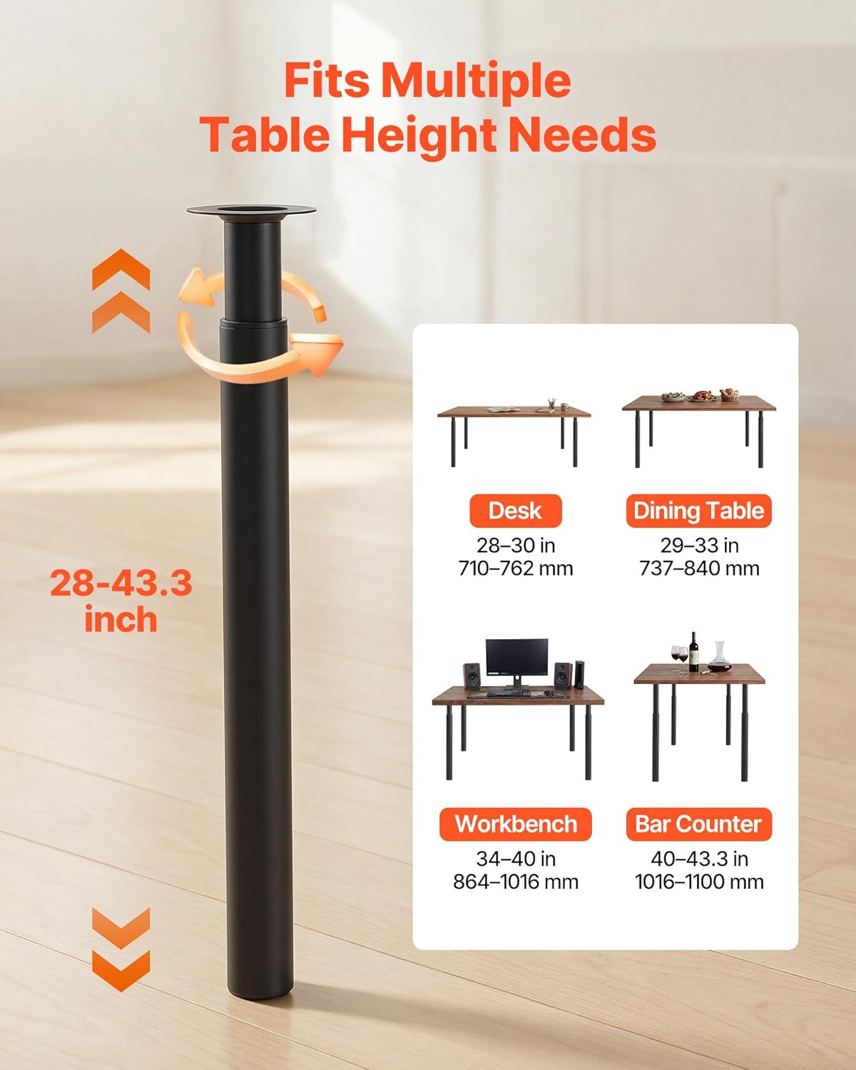 VEVOR Adjustable Table Legs, 28-43.3 in Steel Furniture Legs, 1200 lbs Max Load Heavy Duty, Quick Installation, Ideal for Home Office Desk DIY, Coffee Dinner Bar Tables, Workbenches, Set of 4, Black