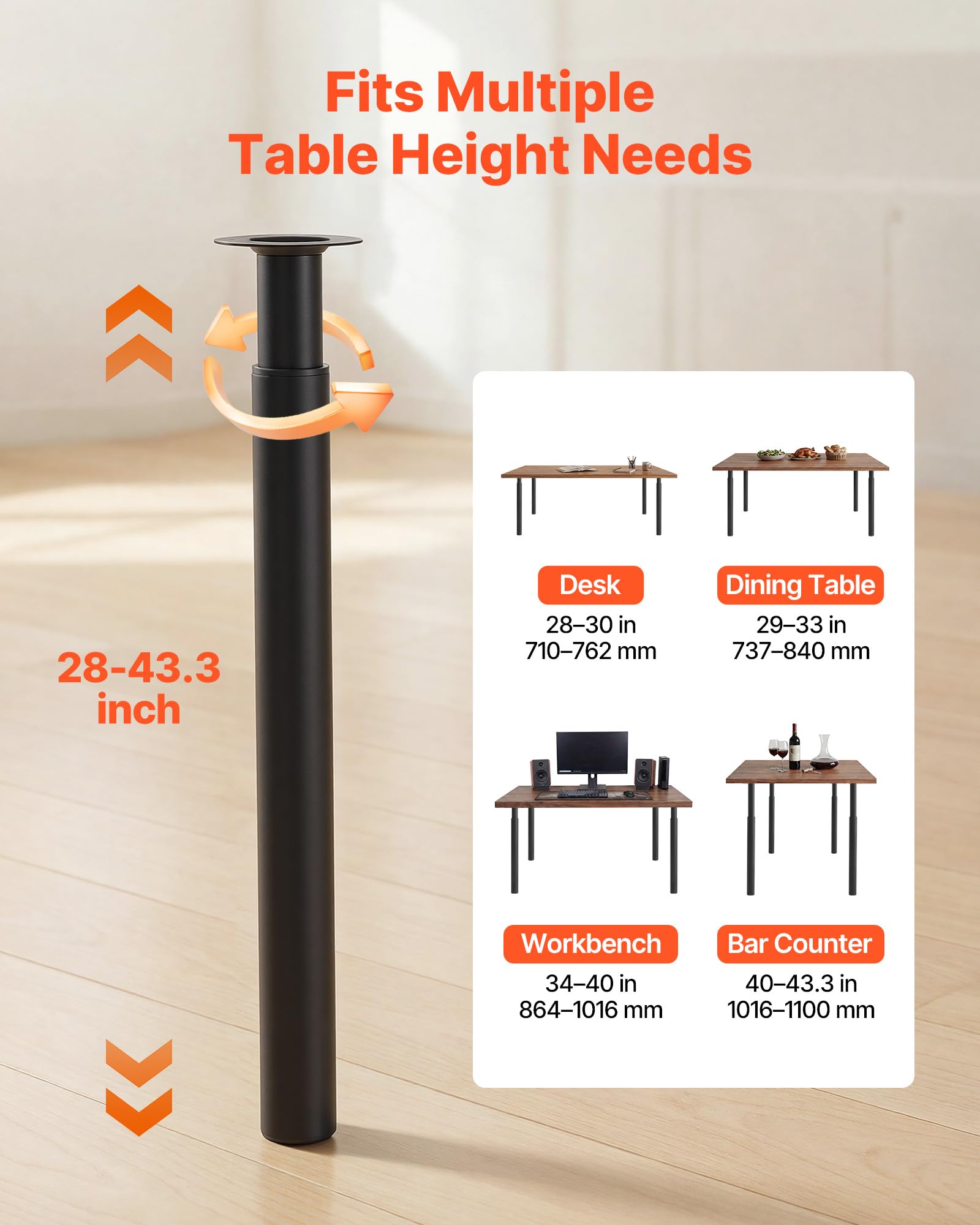 VEVOR Patas Regulables de Mesa de Acero al Carbono, Altura Ajustable 710-1100 mm, Negro, Capacidad Máxima 544 kg, Juego de 4 Patas con Kit de Herrajes para Escritorio, Mesa de Bar, Banco de Trabajo