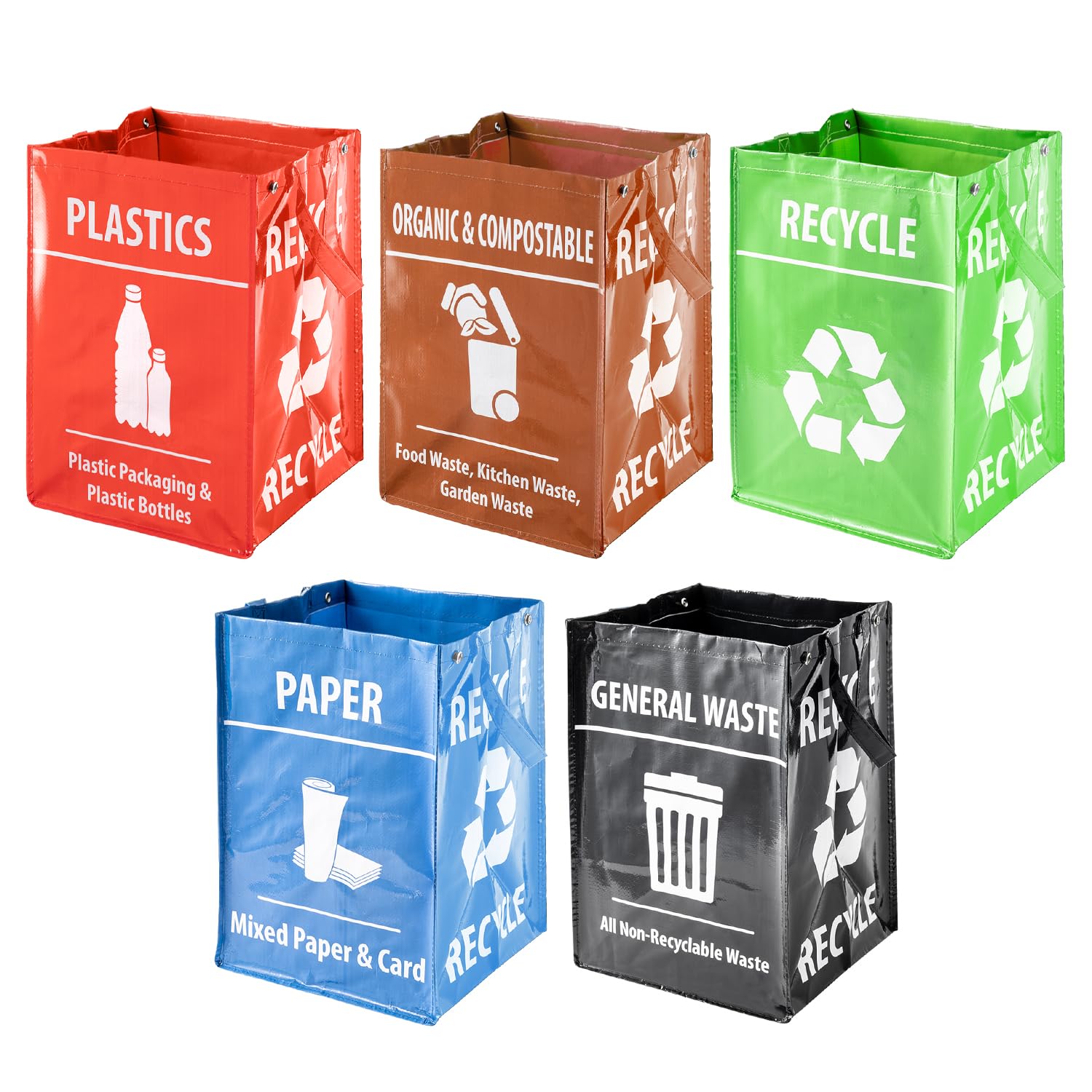 Daniel James Reusable Recycling Bags - Set of 5 Waterproof Recycling Sorting Bags with Carry Handles for Kitchen, Home & Office - Heavy Duty Waste Bins for Indoor & Outdoor – Large: 45cm x 32cm