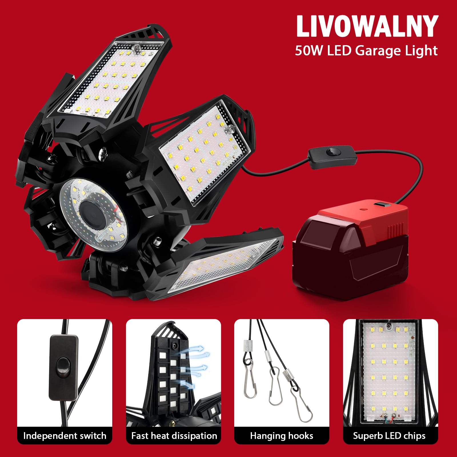 LIVOWALNY Lampa robocza LED do akumulatora Milwaukee 18 V, 68 W, 6800 lm, garażowa lampa sufitowa, panel 6+1 z możliwością przekształcenia