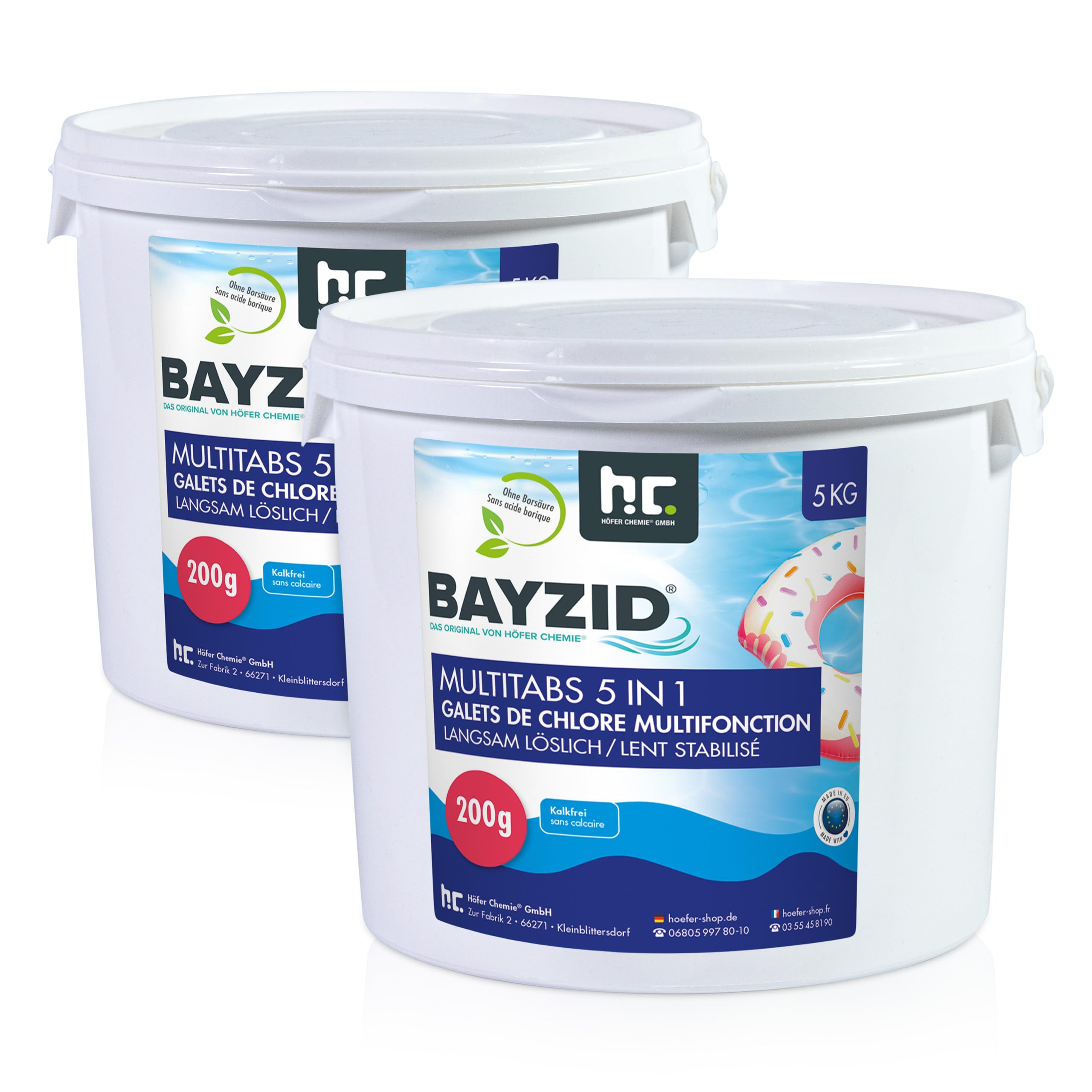 BAYZID Chlor Multitabs 5 in 1-200g Chlortabletten für Pool - 2 x 5kg (10kg) - 5-Phasen Pflege & Reinigung - Made in Europe - Für kristallklares Poolwasser