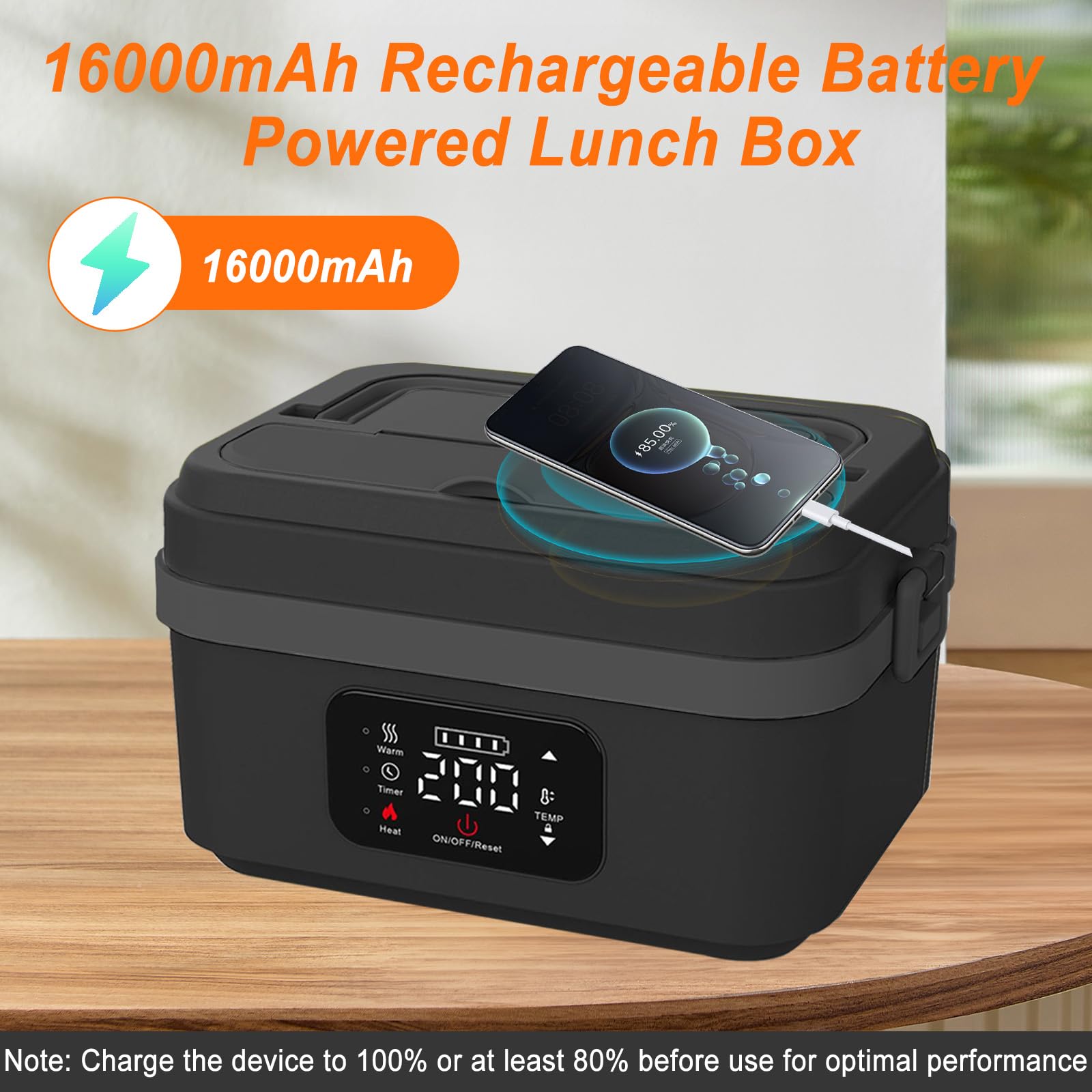 1L Elektrische Lunchbox mit Akku, Tragbare Elektrische Lunchbox mit Einstellbarer und TimerHeizfunktion, Beheizbare Brotdose mit Isoliertasche, Gabel & Löffel für Arbeit Reisen Unterwegs