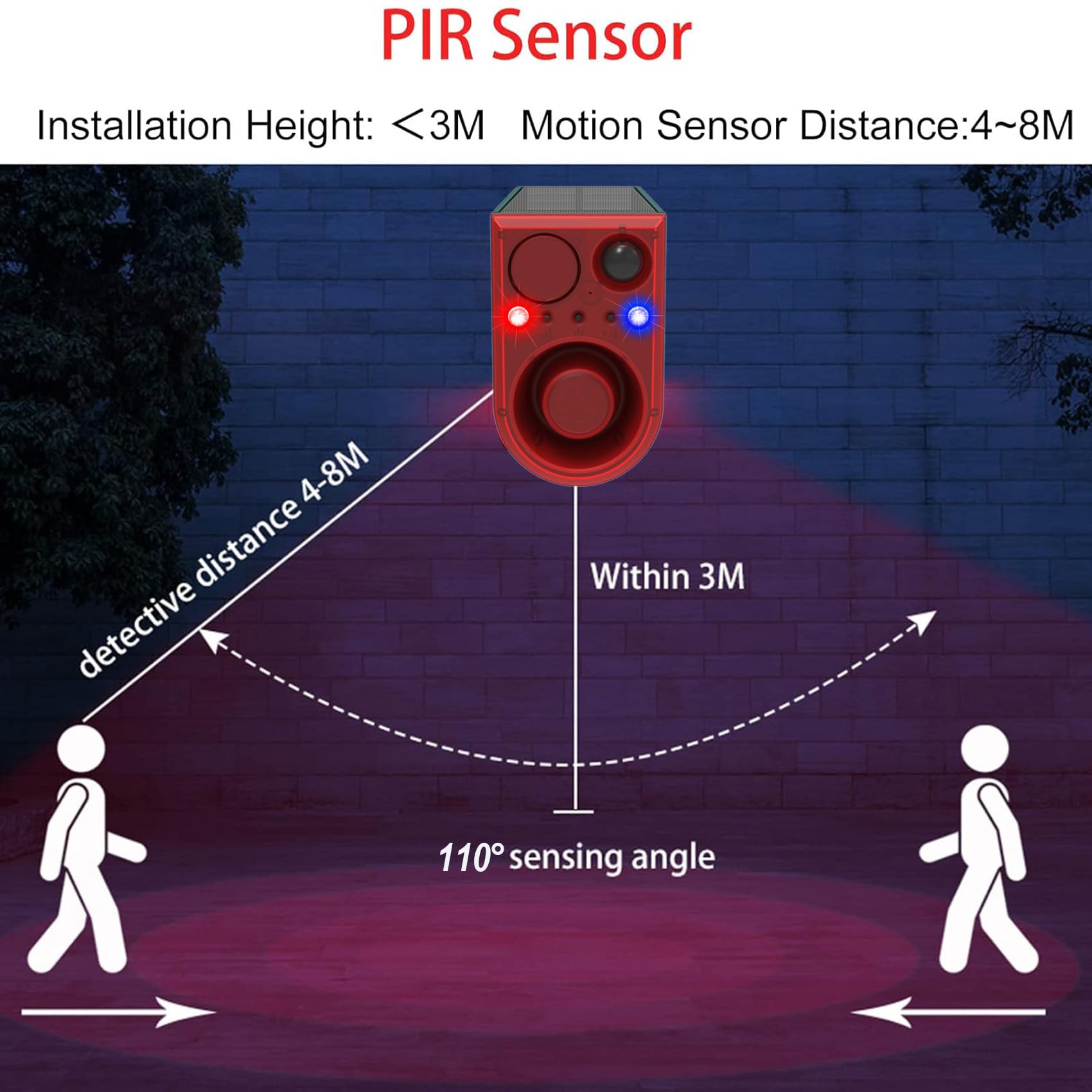 Solar Outdoor Motion Sensor Alarm, 130dB rotes und blaues blinkendes Sicherheitslicht mit Fernbedienung, 13 Sounds und Aufnahmen angepasst, um Eindringlinge abzuhalten (2 Stück)