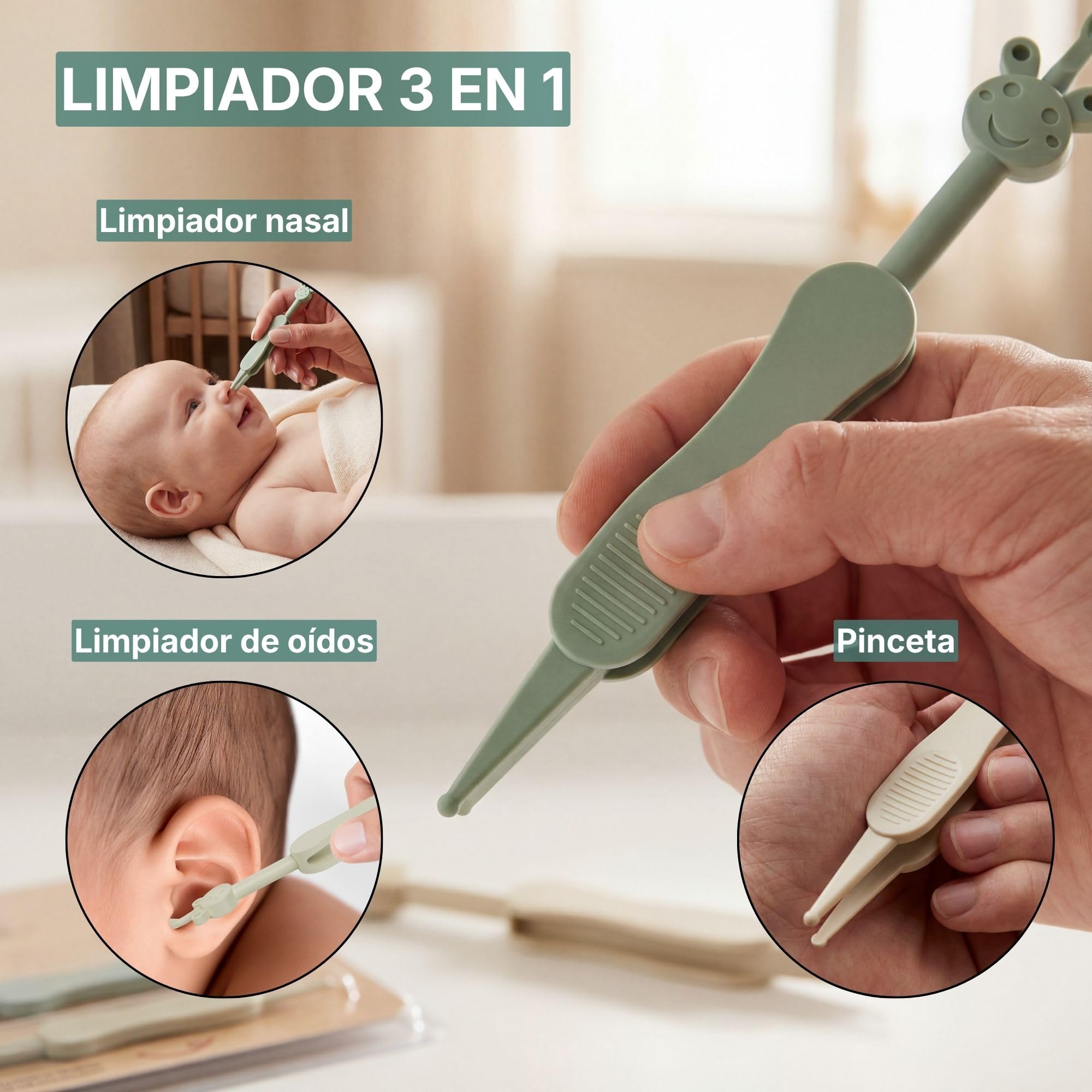 Limpiador de nariz y oídos para bebés con pinzas - Alternativa 3 en 1 al aspirador nasal - Sin BPA - Verde/Beige