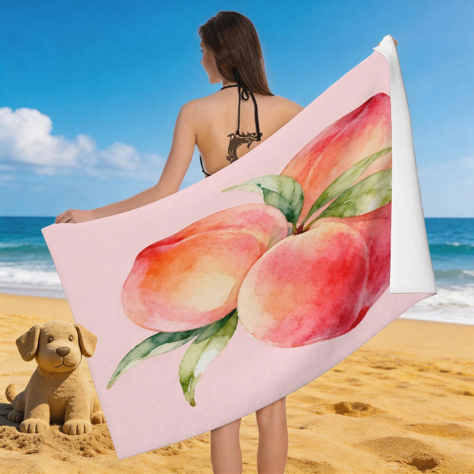 Leichong 3D Peach Beach Towel Large Microfiber Soft Quick Dry for Adults, Watercolor Fruit Bath Towel Lightweight Soft Absorbent for Travel Swimming Pool Sports, 180 x 90 cm