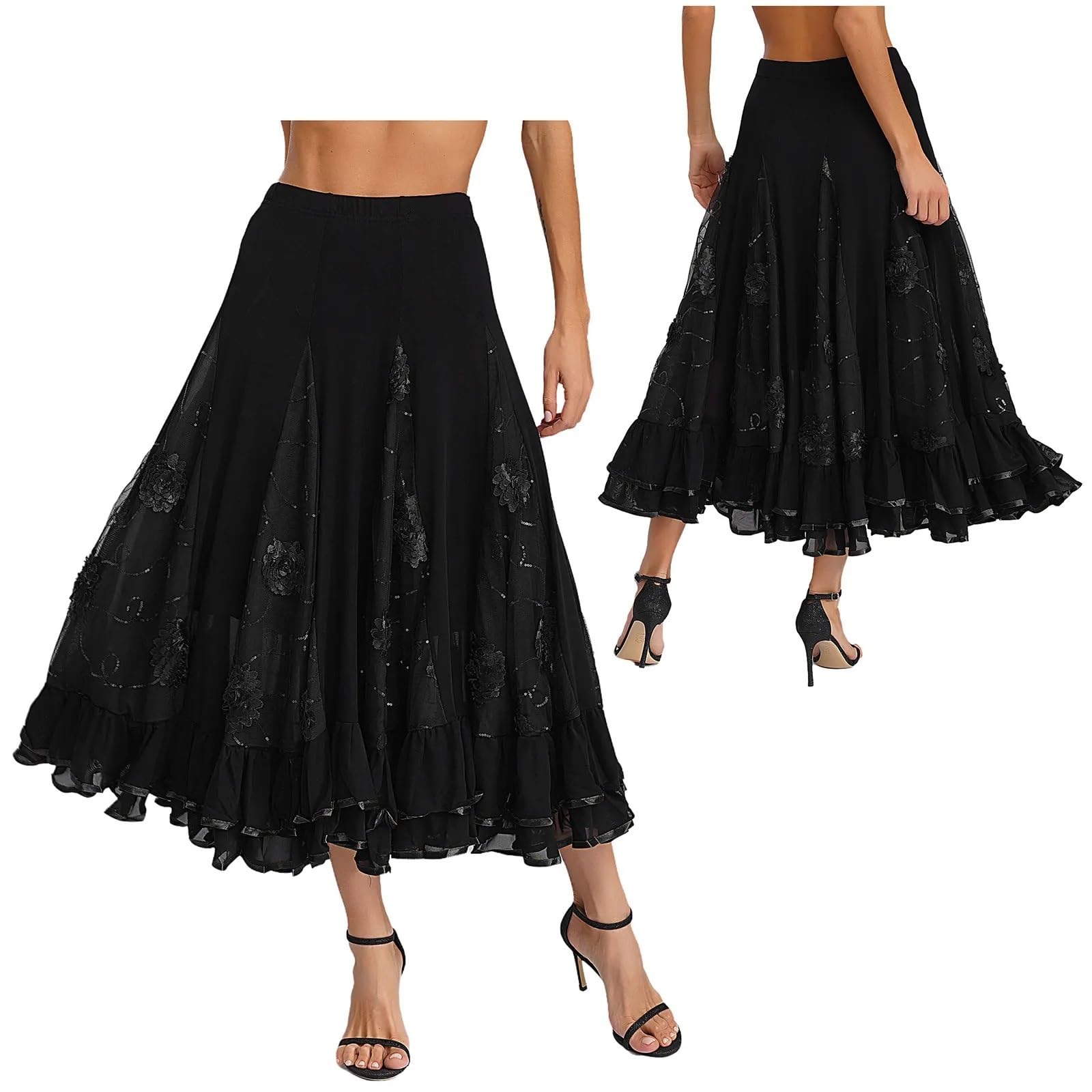 Falda Flamenca Mujer Faldas largas con Volantes y Lentejuelas for Mujer, Traje clásico for Flamenco, vals español, Baile de salón, Faldas largas con Flores y Lentejuelas.(Black)