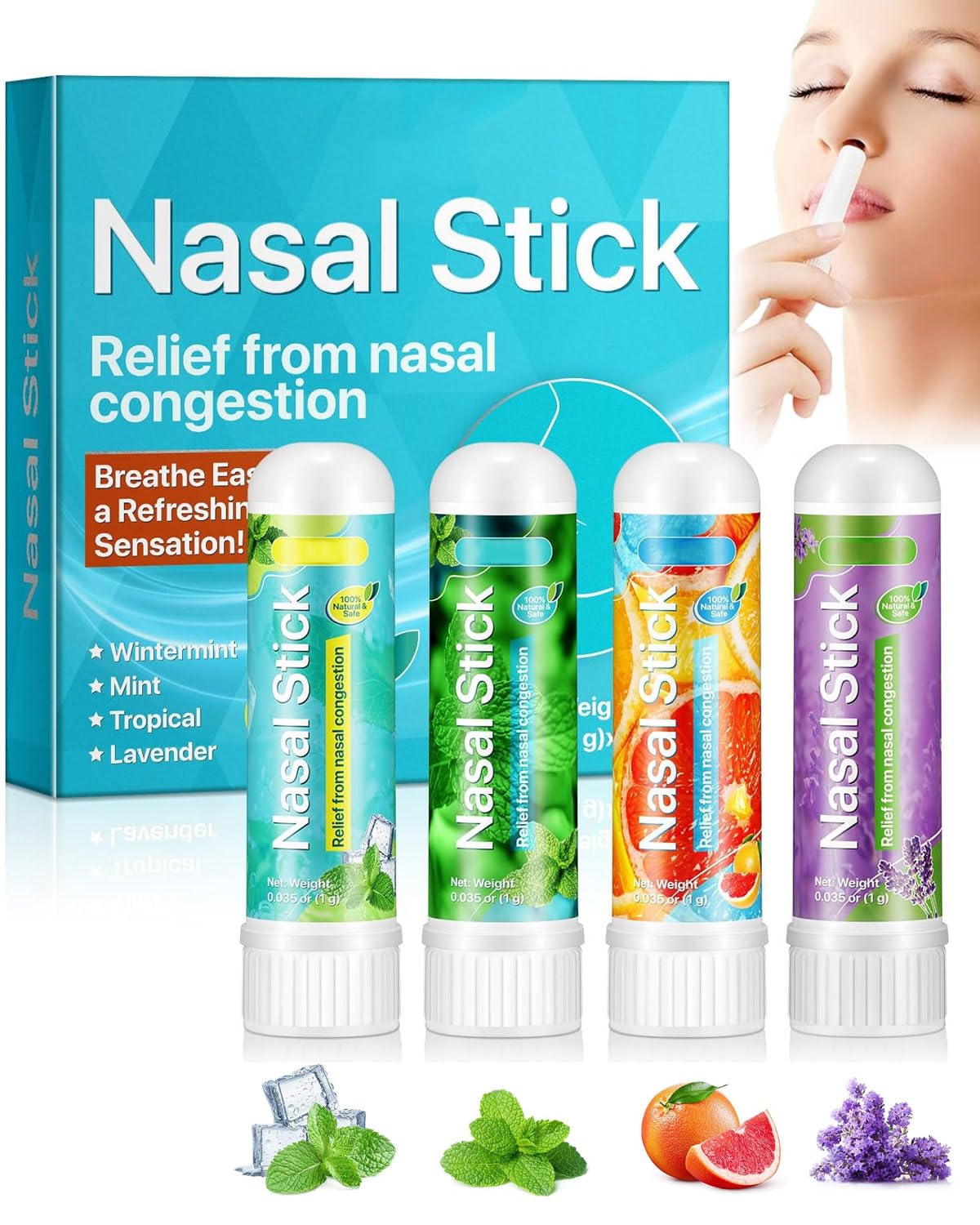 4 Pack Nasal Stick, Inalatore Nasale per Rapido Sollievo dal Naso Chiuso, Migliora la Respirazione e la Concentrazione con Oli Essenziali e Mentolo, Ideale per Studio, Lavoro e Viaggi