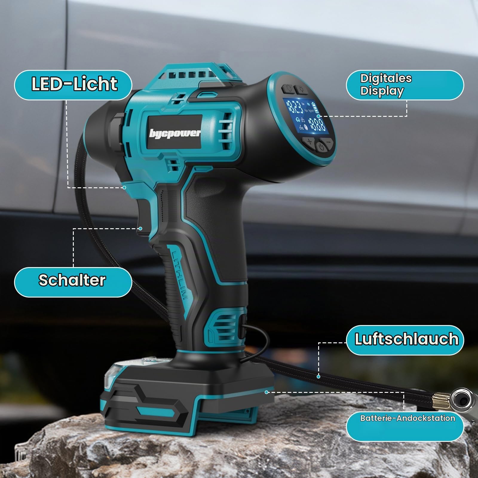 Akku Kompressor für Makita 18V Akku, 11bar 160PSI Autoreifen Luftpumpe | Tragbare Luftkompressor mit LCD-Display-Manometer, mit 12V Autostromkabel für Auto, Motorrad, Fahrrad, Ball(Ohne Akku)
