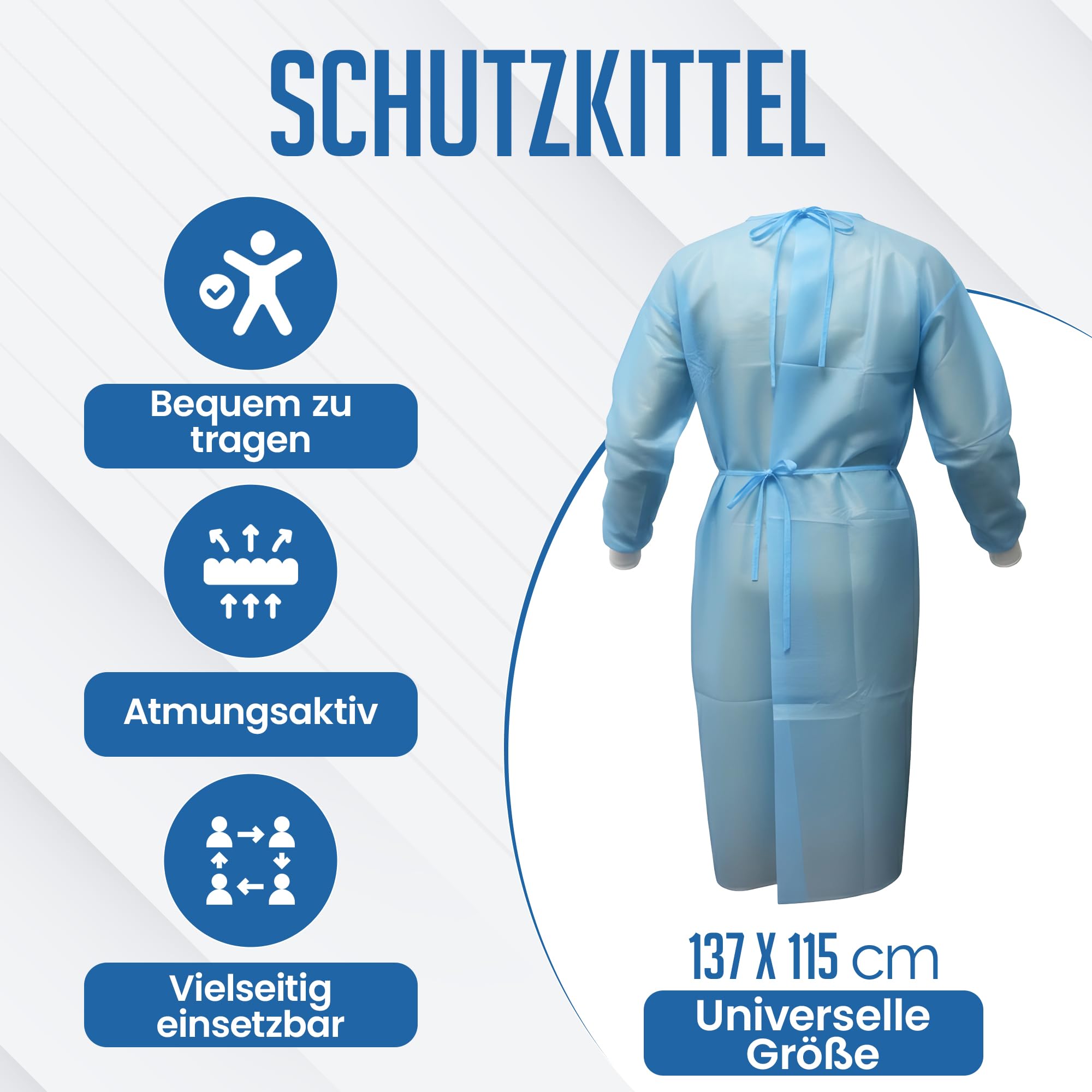 10 Stück - Patientenkittel & Isolationskittel – Einweg-Schutzkittel/Besucherkittel – Krankenhauskittel - Schutzkittel für Pflege – PP-Vlies – Universalgröße – Hellblau – 35 g/m² - BORNOVA