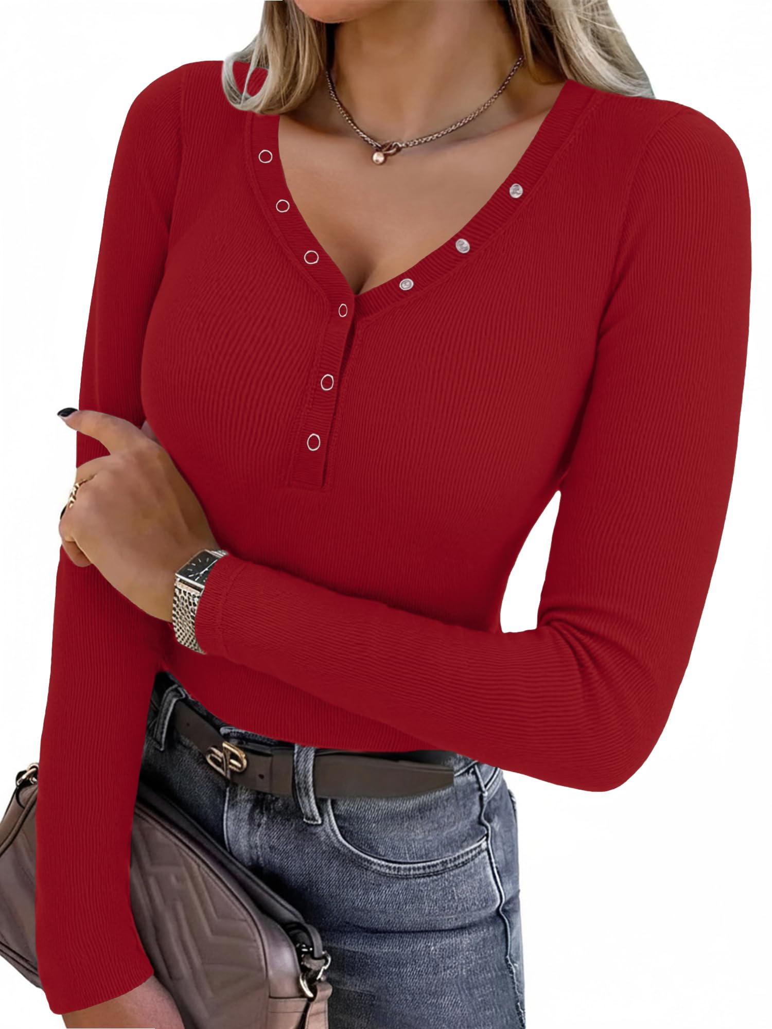 Aottori Langarmshirt Damen V-Ausschnitt mit Knöpfen Slim Fit Oberteile Gerippt Stretch Pullover Dünn Elegant Henley Shirt Langarm Basic Tops
