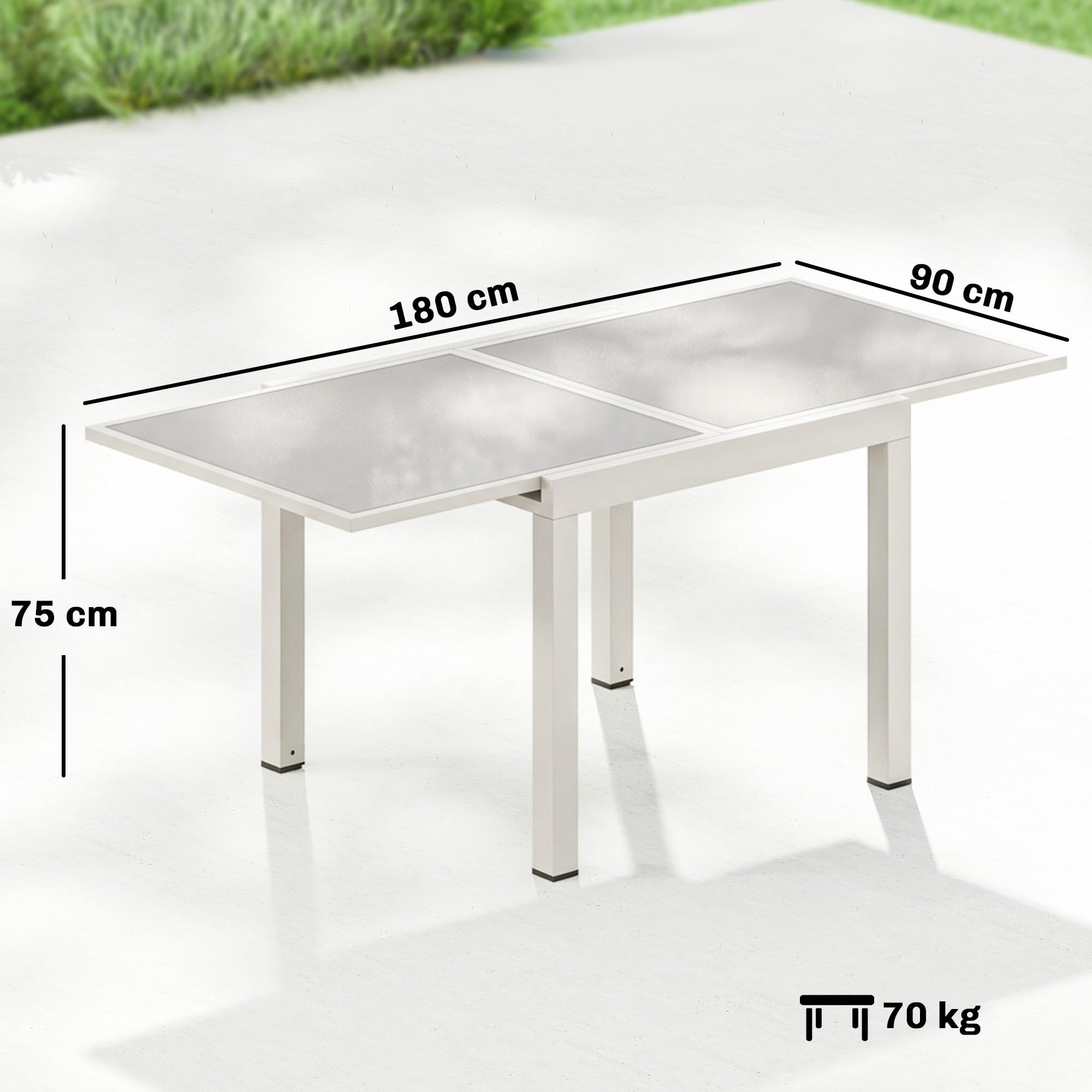 Outsunny Tavolo da Giardino Allungabile per 4-8 Persone, 90/180x90 cm Tavolo da Pranzo Estensibile da Esterno in Alluminio con Piano in Vetro Temperato, per Patio Terrazzo Balcone, Bianco Crema