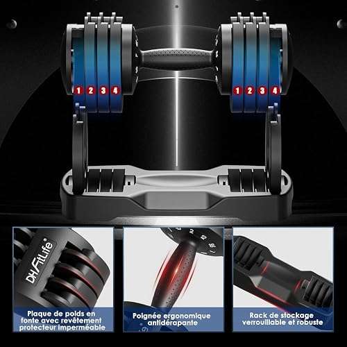 DH FitLife 2 x 12kg Adjustable Dumbbells Set | 5 Weights, Quick Adjust - 6