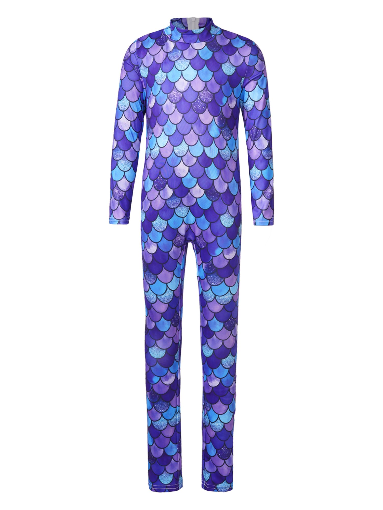 Alvivi Mono Elástico de Sirena para Niña Maillot Manga Larga de Gimnasia Deportiva con Estampado de Escamas de Pescado Disfraz Infantil 5-12 Años
