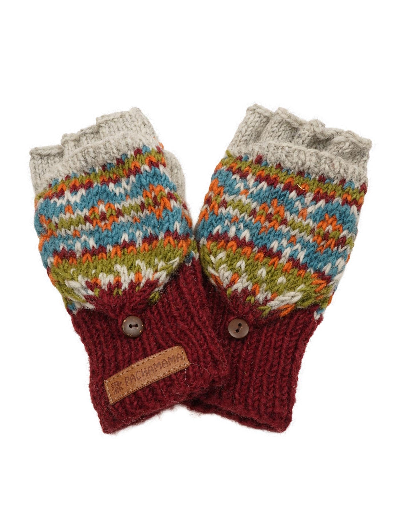 Pachamama Women Wool Fingerless Glove Mittens Handknitted Traditional Fairisle Colourful One-Size Handmade Extra Warm Fair Trade (Burgundy, One Size)
