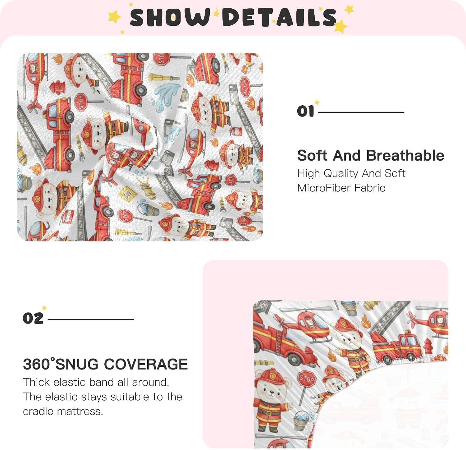 Fire Truck Print Crib Sheet Bear Firefighter Mattress Cover for Boys Girls 52" x 28" Baby Bed Sheet for Nursery Decor