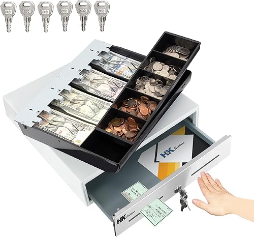 Miniatura 2 de HK SYSTEMS Cajón de efectivo compacto de 13 pulgadas de alta resistencia blanco con 4 billetes5 monedas hasta la parte delantera de acero inoxidable