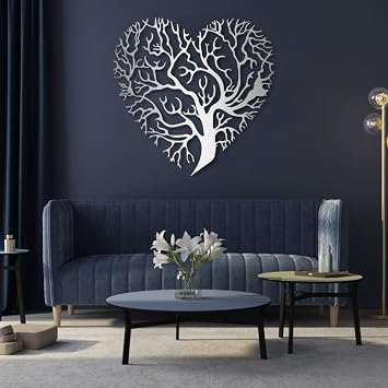 Yemwot Tree of Life Metal Wall Art-Metal Tree Heart Wall Decor, Heart Decor, Branch Decortion, Love Sign, Living Room Bedroom Art 23"x 23"| 60x60cm, Sliver